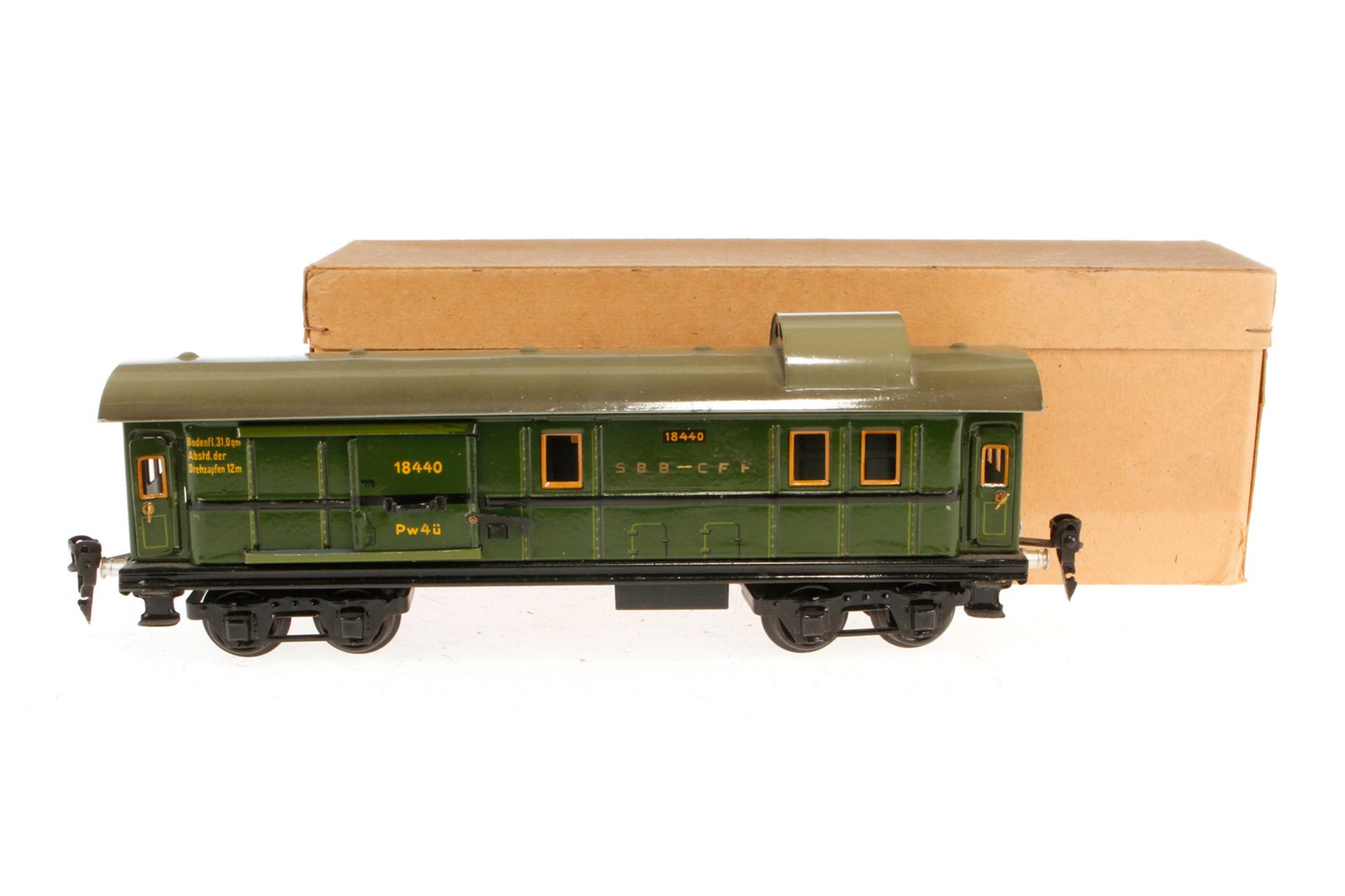 Märklin schweizer Gepäckwagen 1844, Spur 0, CL, mit 4 AT und 2 STH, LS und gealterter Lack, L 29,