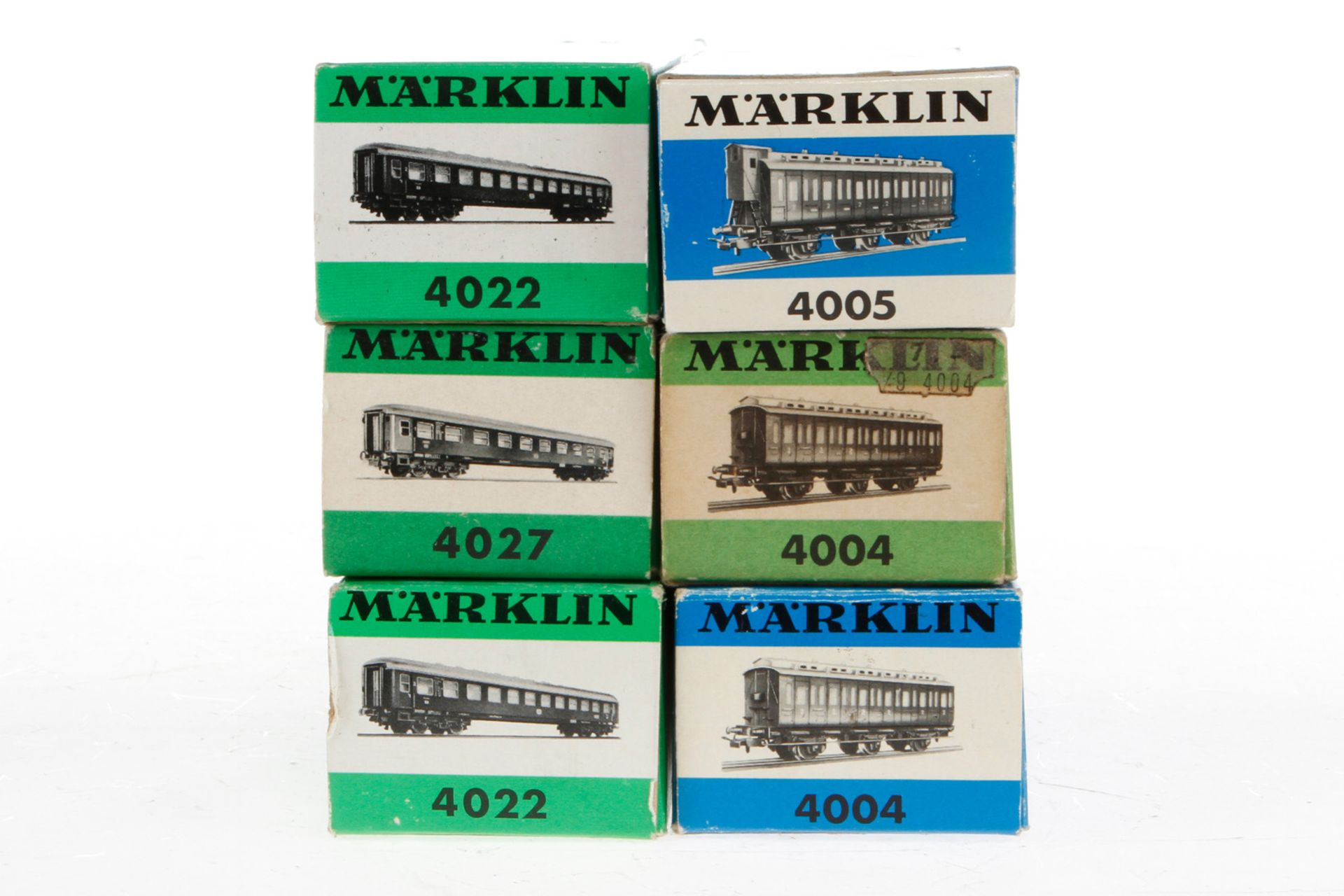 6 Märklin Wagen 2x 4004, 4405, 2x 4022 und 4027, Spur H0, Alterungsspuren, je im OK, meist Z 2-3