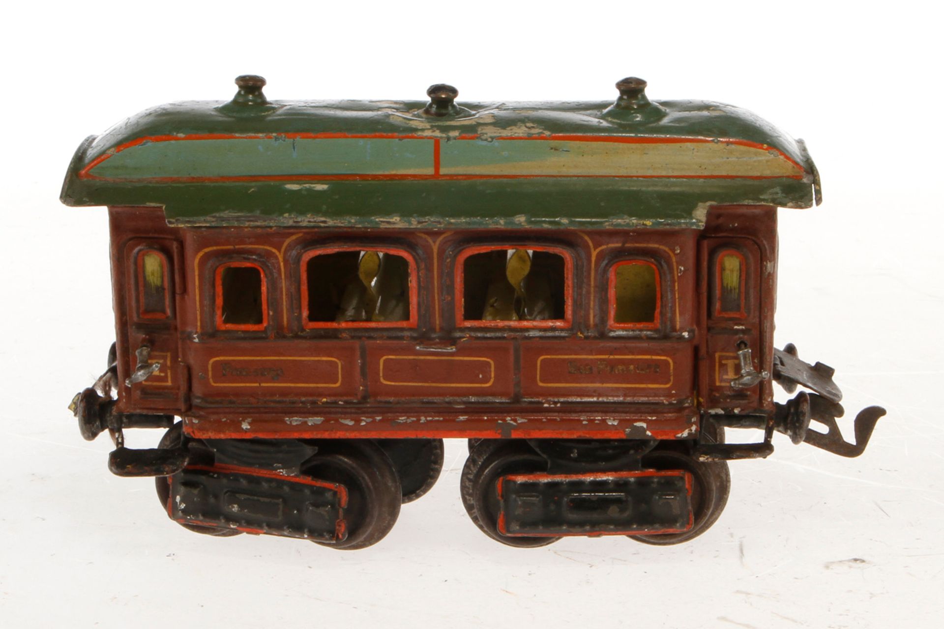 Märklin franz. Personenwagen 1841, Spur 0, uralt, HL, mit Inneneinrichtung und 4 AT, Dach tw - Image 4 of 6