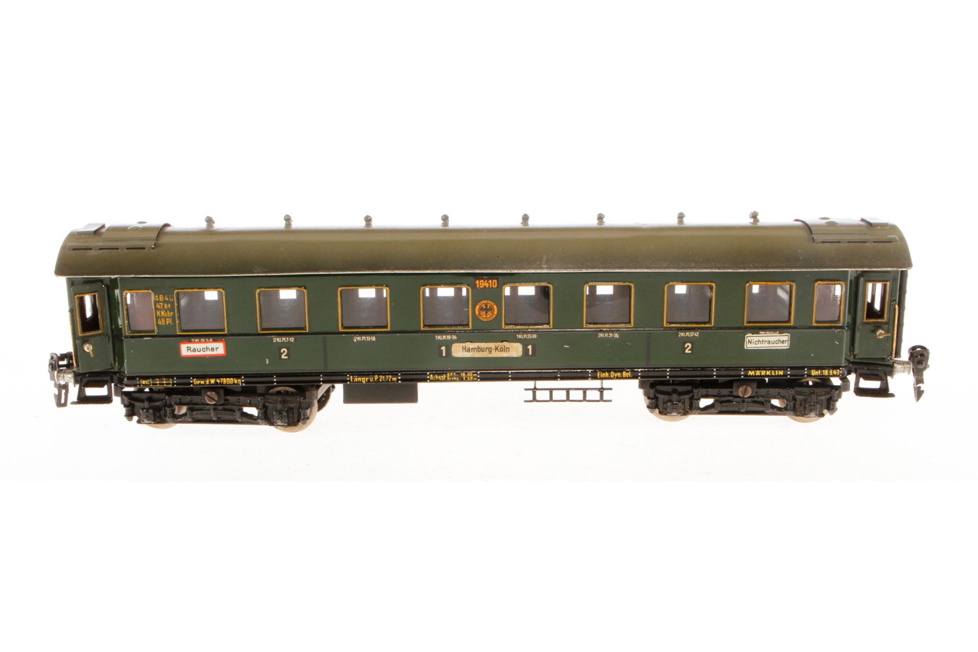 Märklin Personenwagen 1941 G, Spur 0, CL, mit Inneneinrichtung, 4 AT, Schildern und Gussrädern, je 1