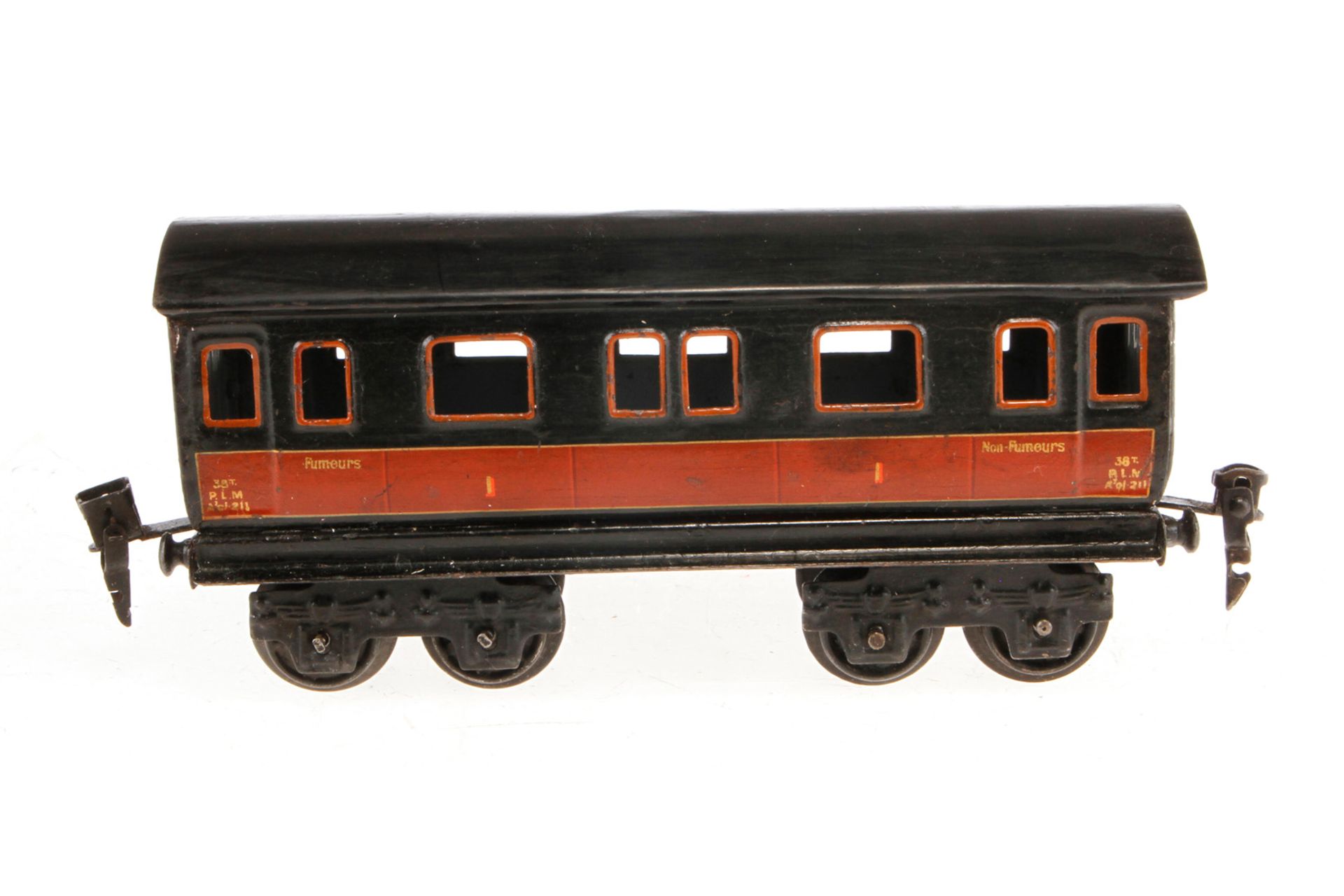 Märklin franz. Personenwagen 2873 PLM, Spur 0, schwarz/rot, Dach ersetzt, tw nachlackiert, LS und