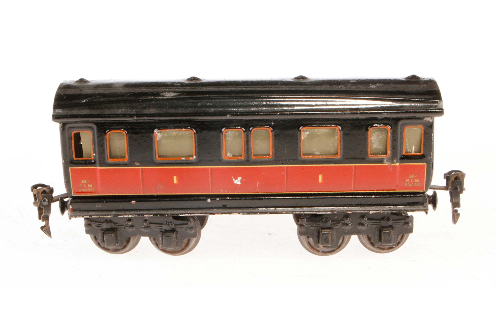 Märklin franz. Personenwagen 2873 PLM, Spur 0, schwarz/rot, LS und gealterter Lack, L 19, Z 2-3