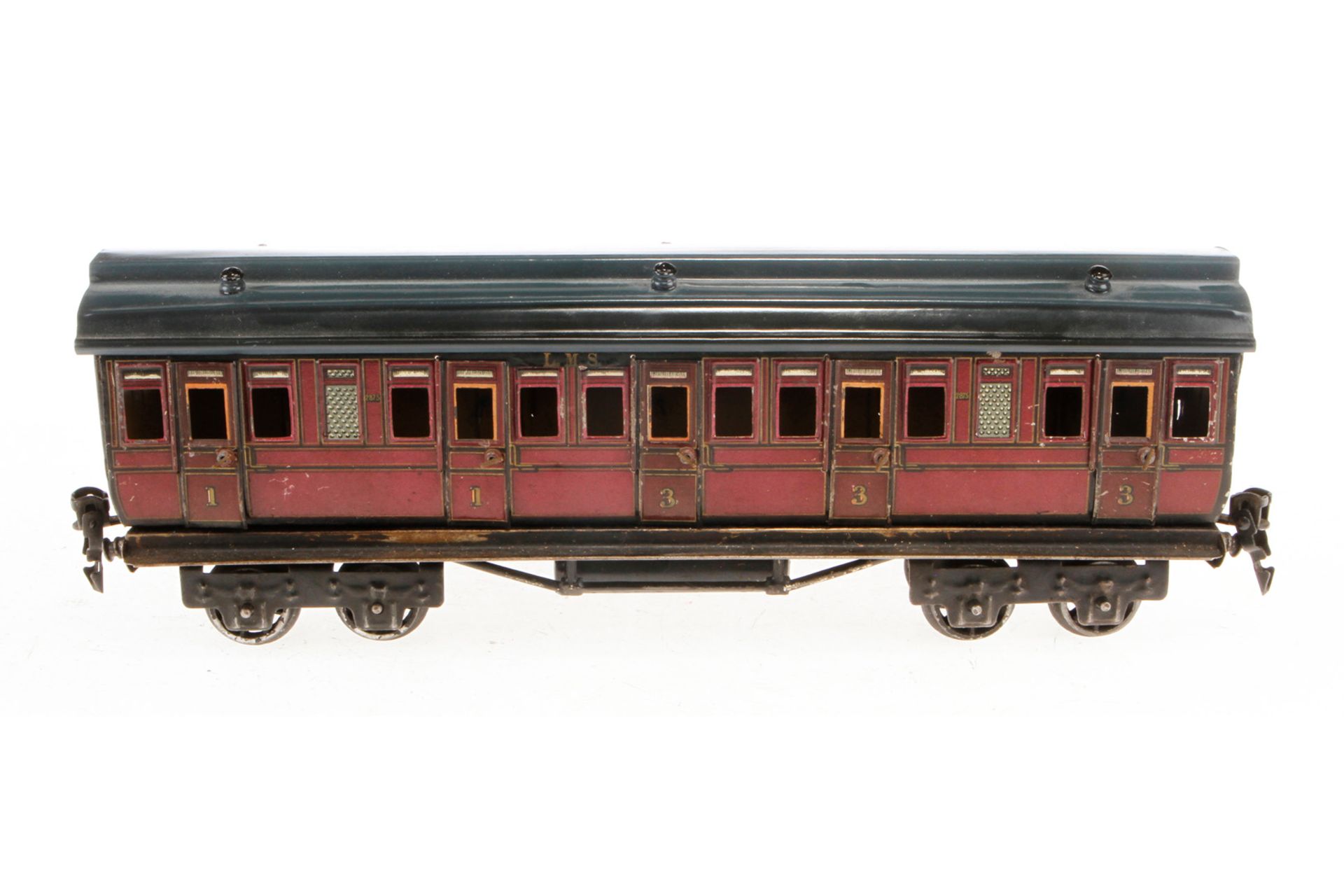 Märklin engl. Abteilwagen 2875 LMS, Spur 0, CL, mit 10 AT und Gussrädern, 1 Türgriff fehlt, Dach