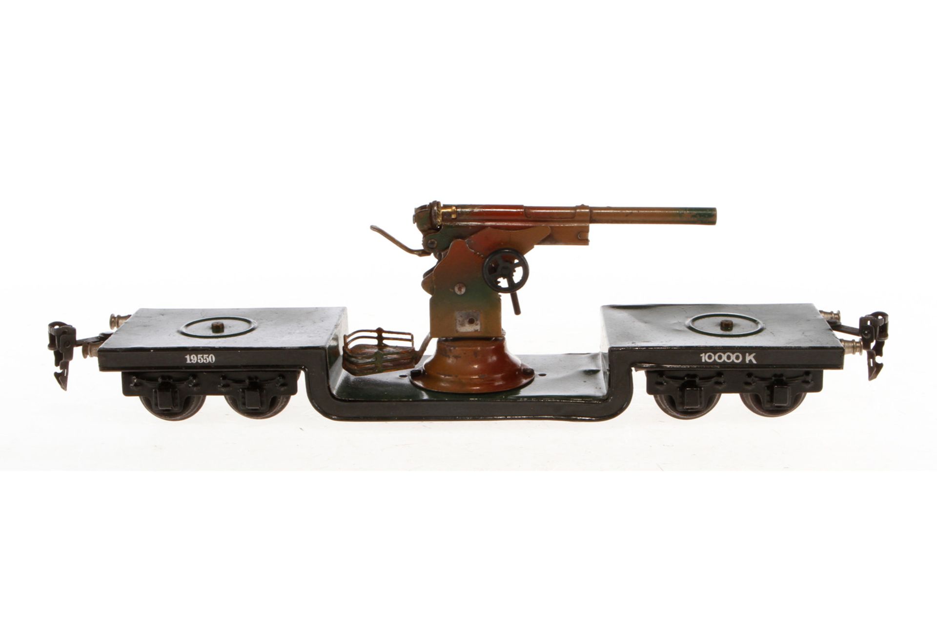 Märklin Tiefladewagen 1955, Spur 0, HL, mit Flak (NV), LS tw ausgeb., gealterter Lack, L 31, Z 3