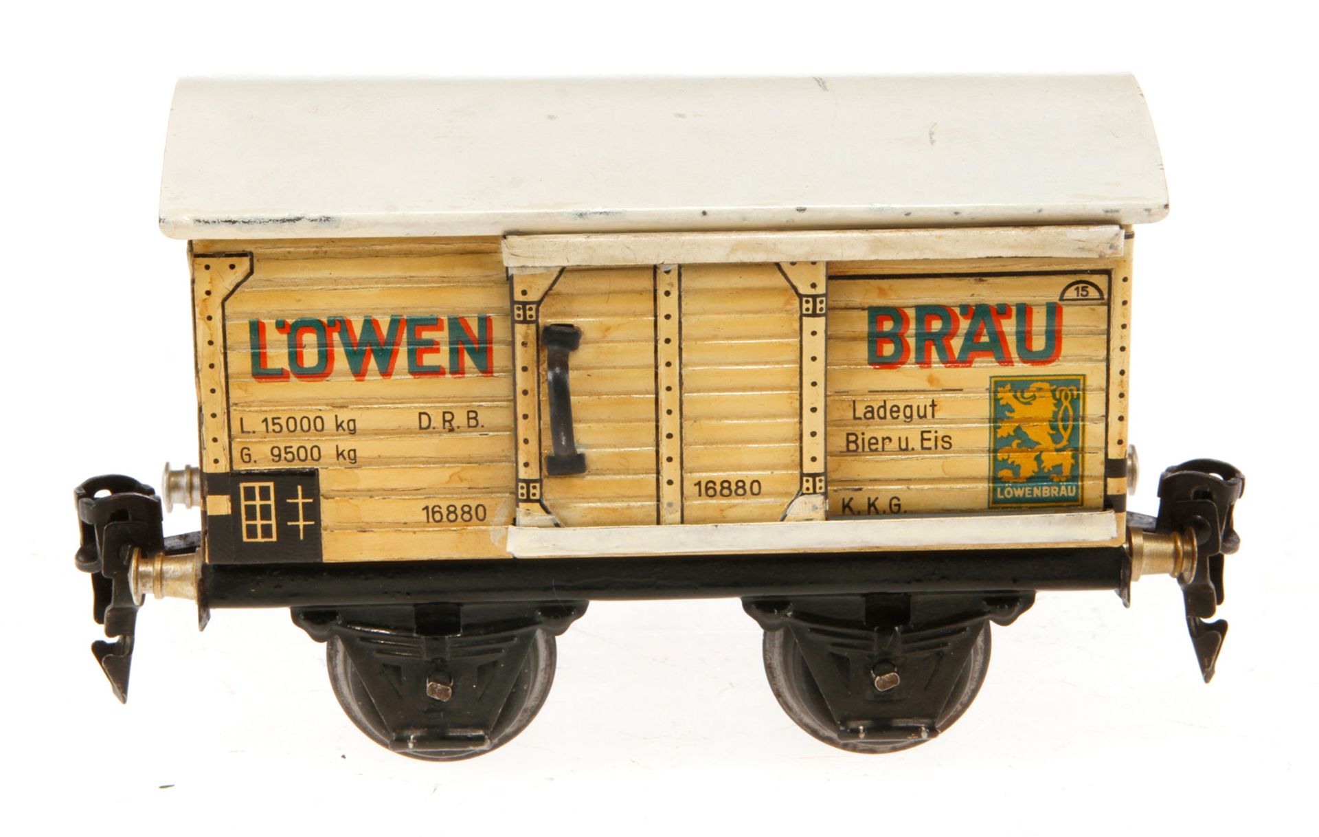 Märklin Löwenbräu Bierwagen 1688, Spur 0, CL, mit 1 ST, LS tw ausgeb., gealterter Lack, L 13,