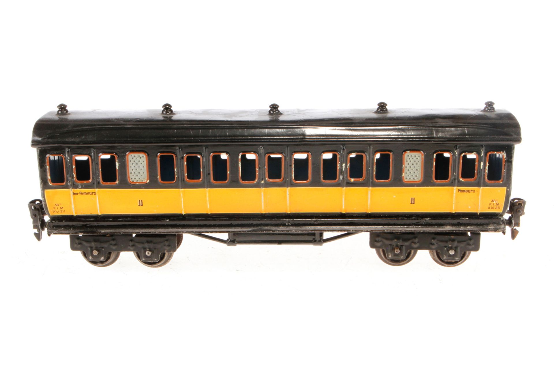 Märklin franz. Personenwagen 2875 PLM, Spur 0, schwarz/gelb, Dach rest., LS tw ausgeb., gealterter