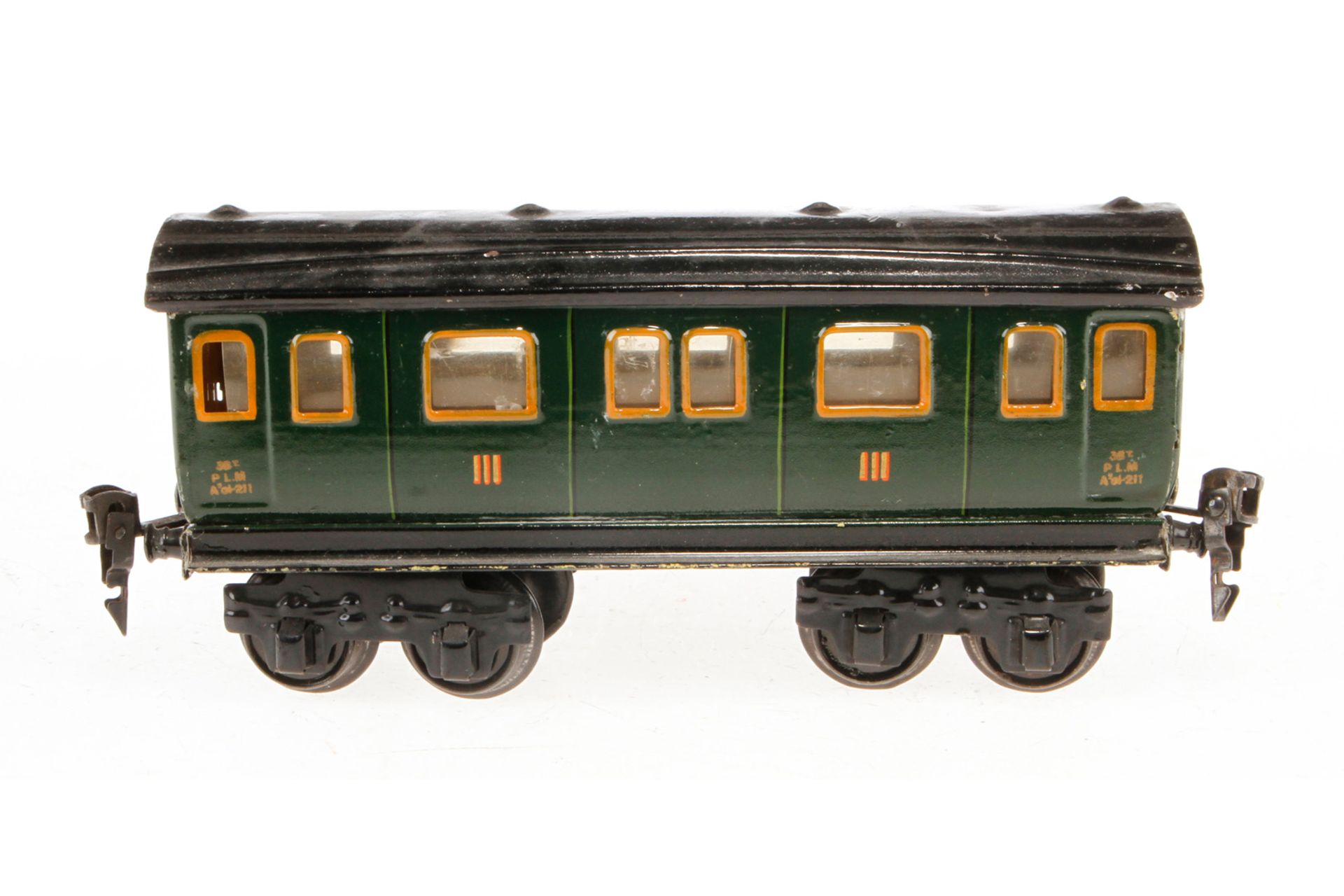 Märklin franz. Personenwagen 2873 PLM, Spur 0, grün, LS und gealterter Lack, L 19,5, Z 2-3