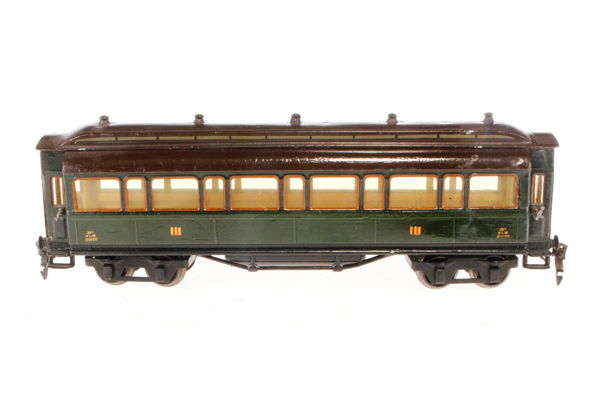 Märklin franz. Personenwagen 1945 PLM, Spur 0, grün, mit 4 AT, Drehgestelle ersetzt, Kupplungen