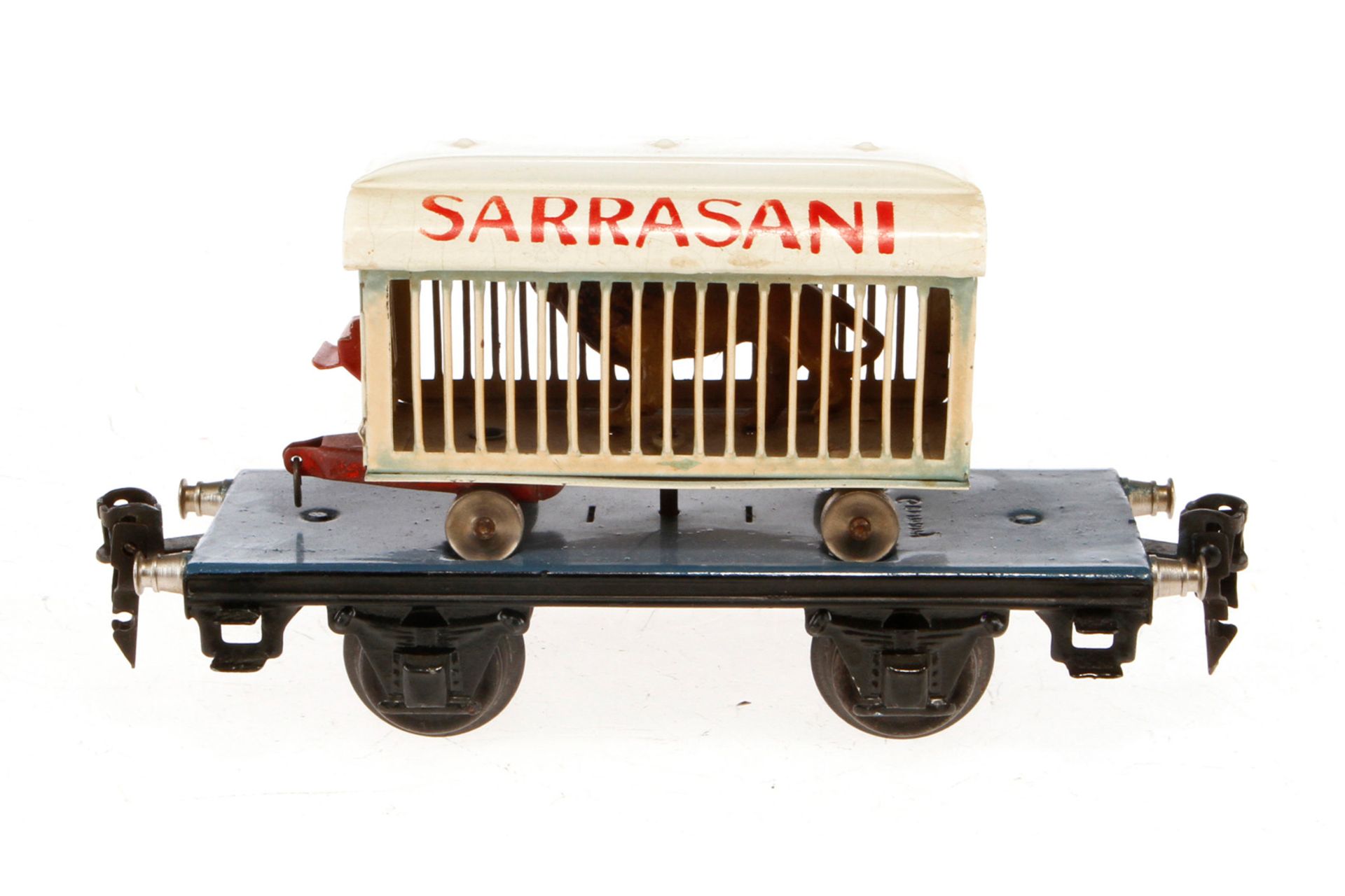 Märklin Plattformwagen 1983, Spur 0, HL, mit Sarrasani Tierwagen und Löwe (besch.), Wagenplattform