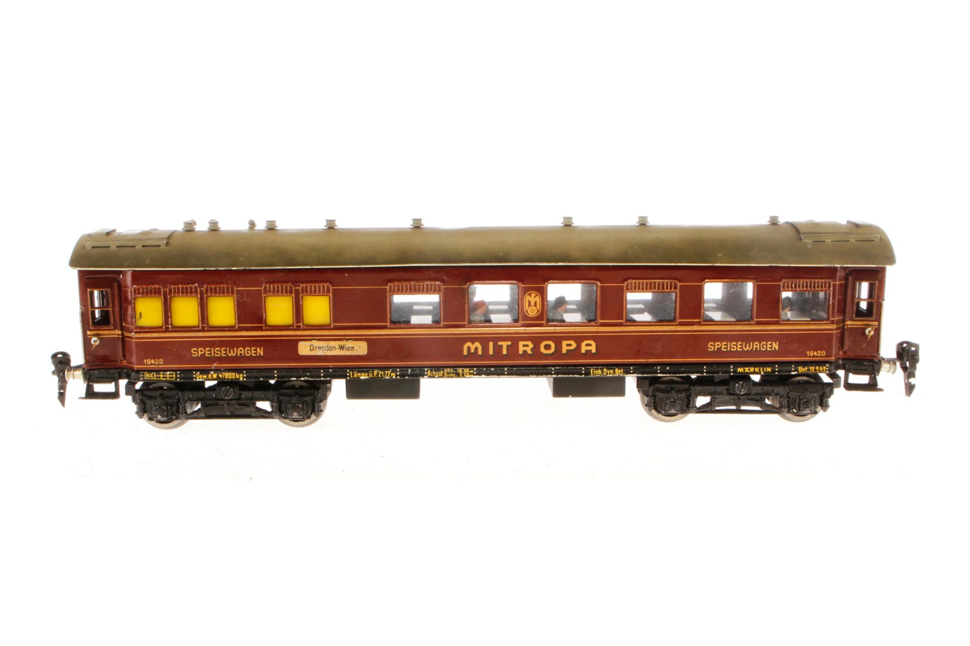 Märklin Mitropa Speisewagen 1942 G, Spur 0, CL, mit Inneneinrichtung, 4 AT, 2 Schildern und