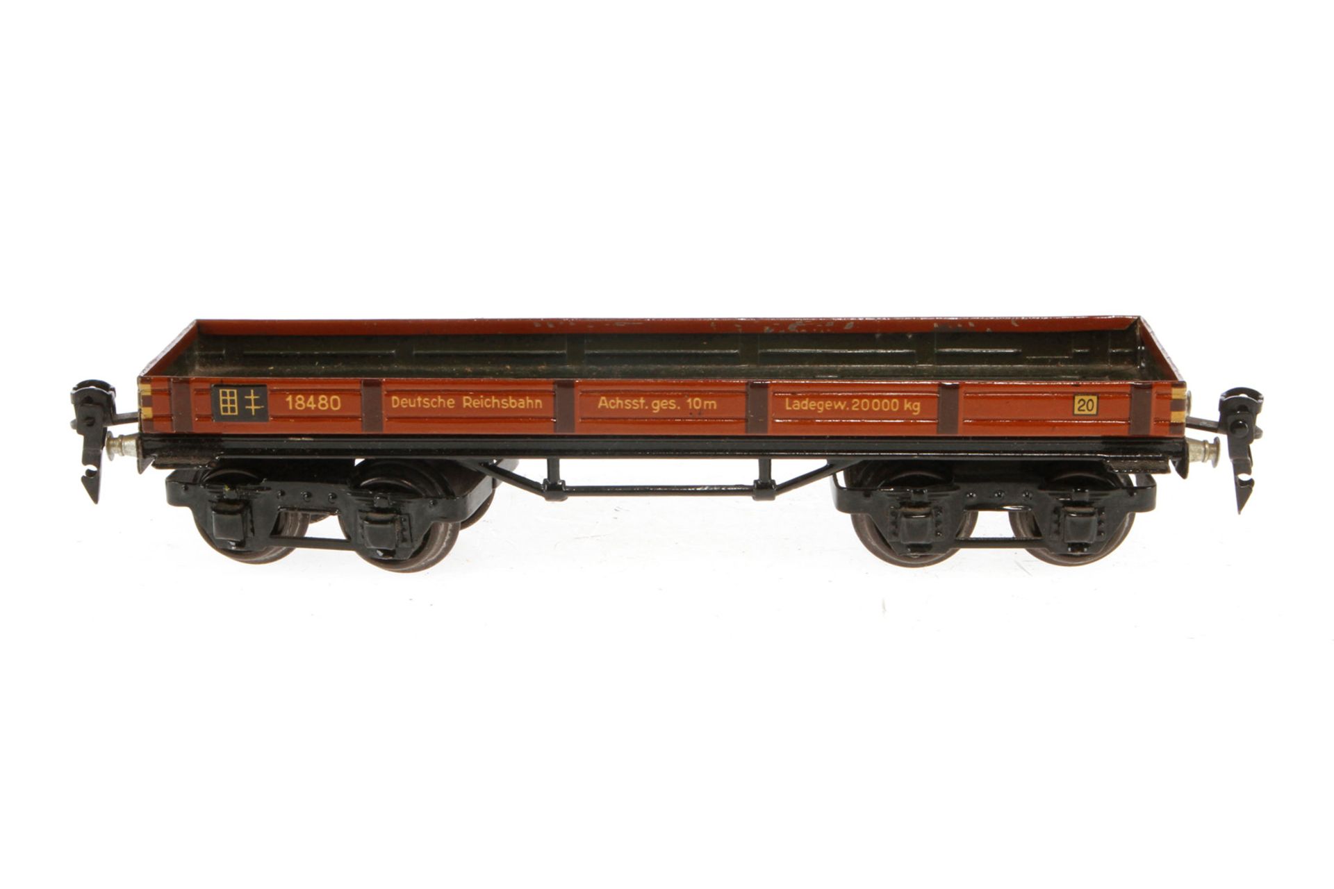 Märklin Niederbordwagen 1848, Spur 0, CL, LS und gealterter Lack, L 24,5, im tw besch. OK, Z 2-3