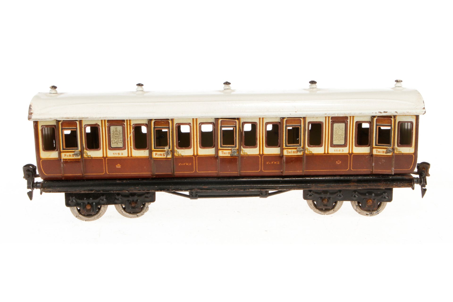 Märklin engl. Abteilwagen 2875 LNWR, Spur 0, CL, mit 10 AT und Gussrädern (rissig), LS/RS,