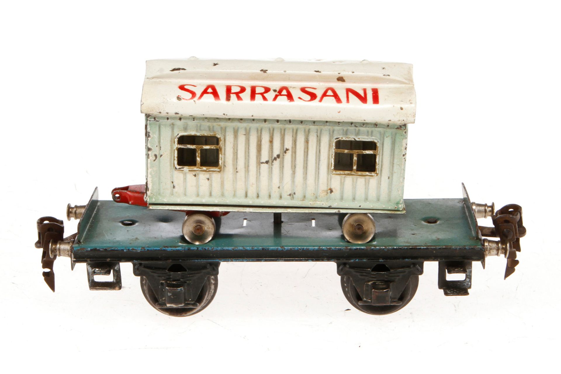 Märklin Plattformwagen 1983, Spur 0, HL, mit Sarrasani Kassenwagen, LS und gealterter Lack, L 16,