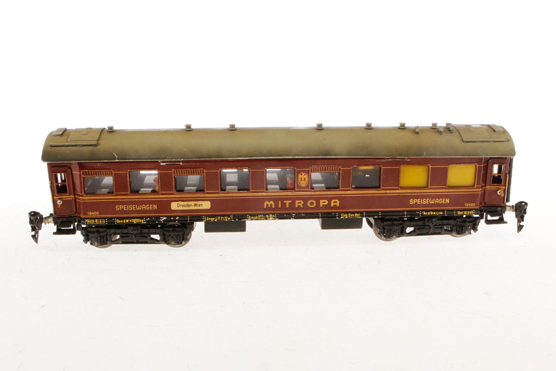 Märklin Mitropa Speisewagen 1942 G, Spur 0, CL, mit Inneneinrichtung, 4 AT, 2 Schildern und - Image 2 of 4