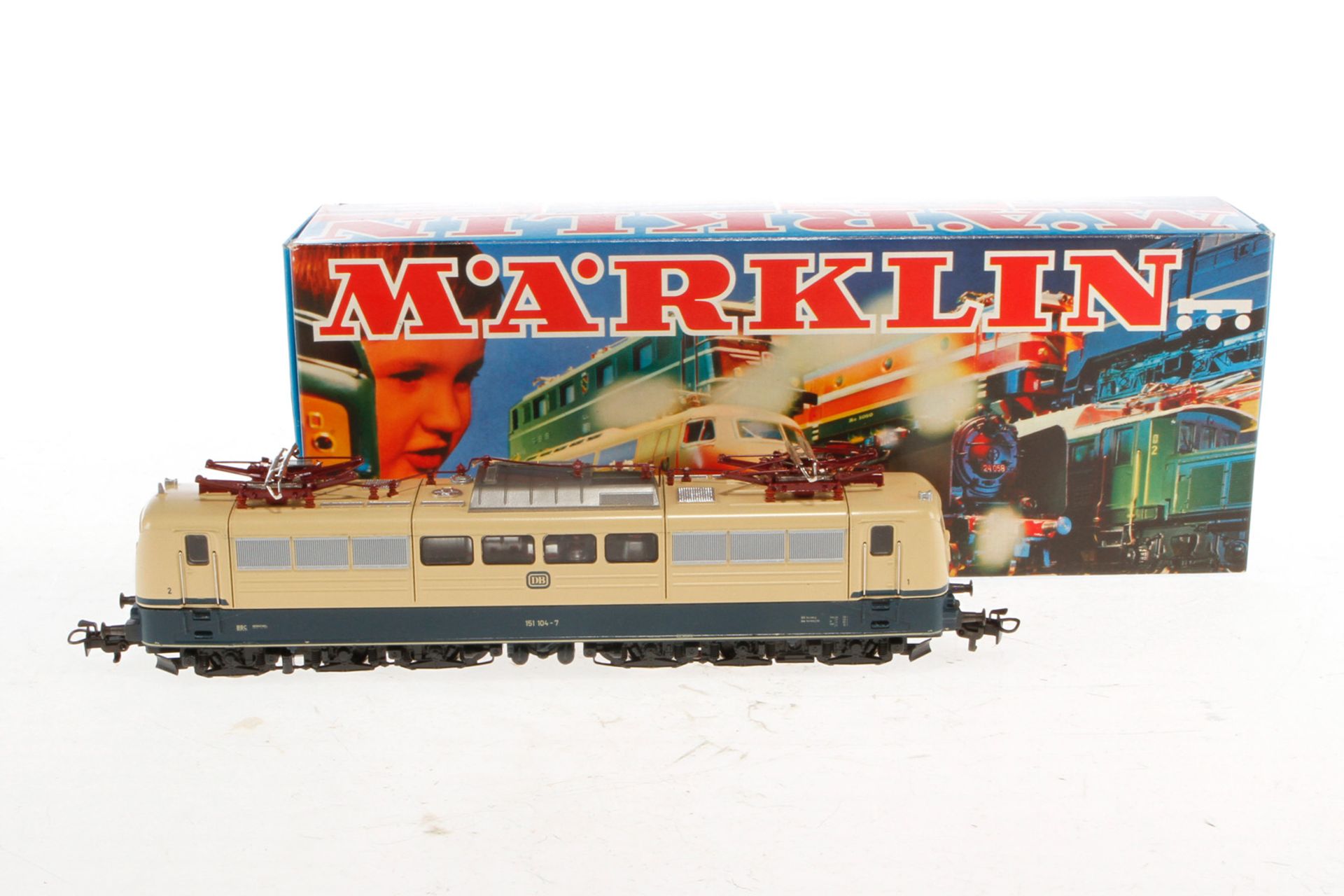 Märklin E-Lok ”151 104-7” 3058, Spur H0, creme/blau, Alterungsspuren, im beklebten OK, sonst Z 2