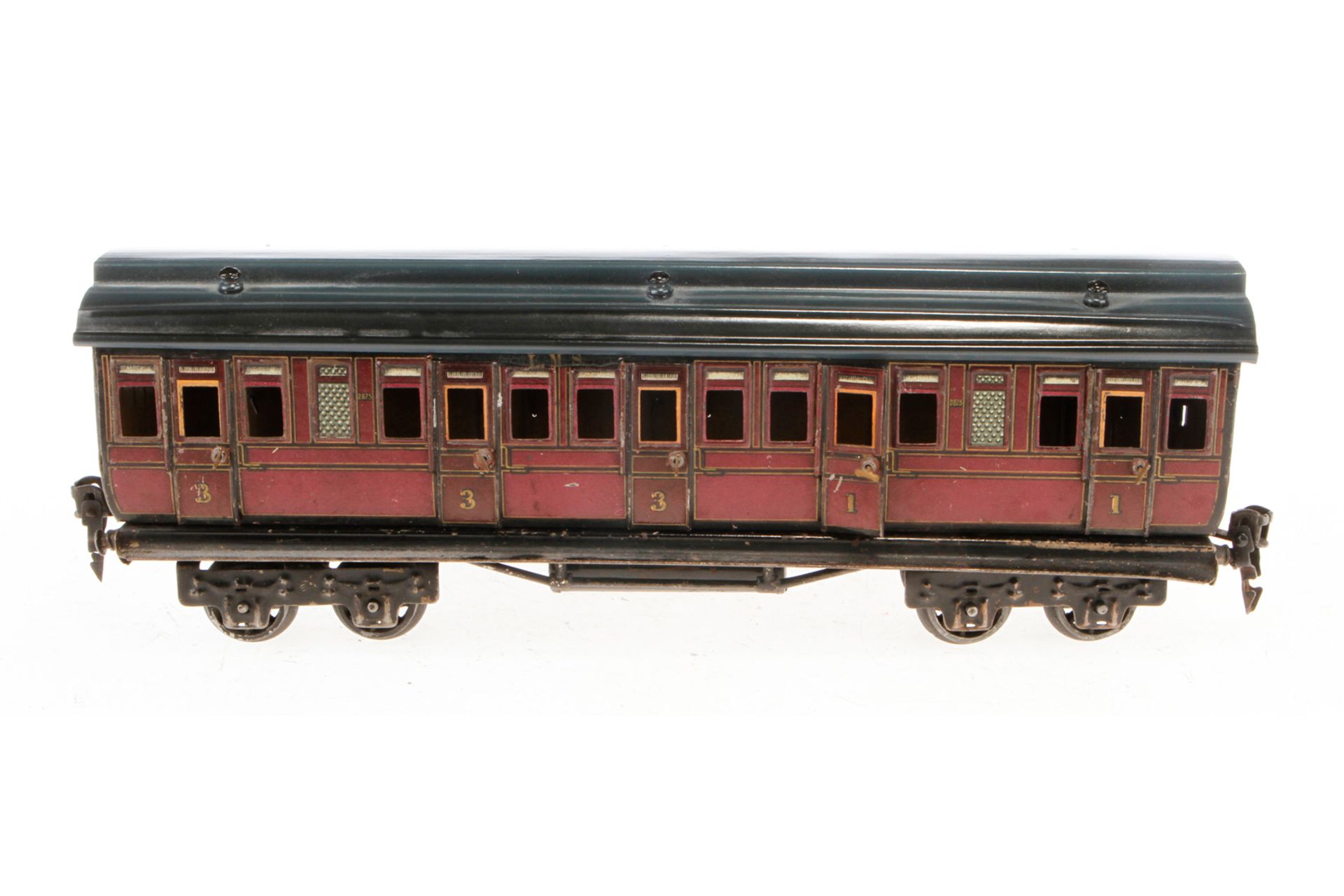 Märklin engl. Abteilwagen 2875 LMS, Spur 0, CL, mit 10 AT und Gussrädern, Dach rest., LS und