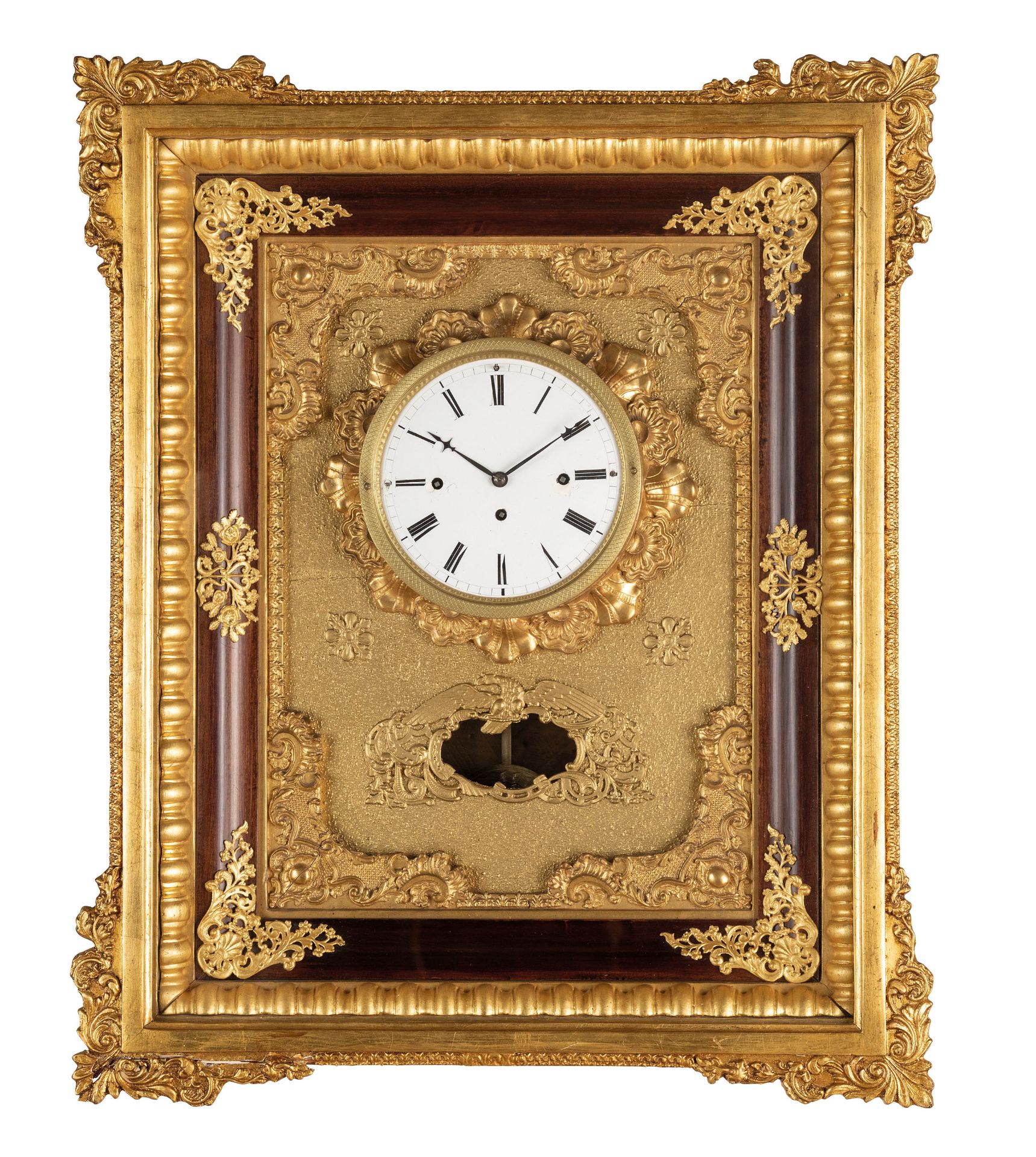 OROLOGIO A PENDOLO DA MURO, CASSA IN LEGNO INTAGLIATO E DORATO, AUSTRIA, META' DEL XIX SECOLO