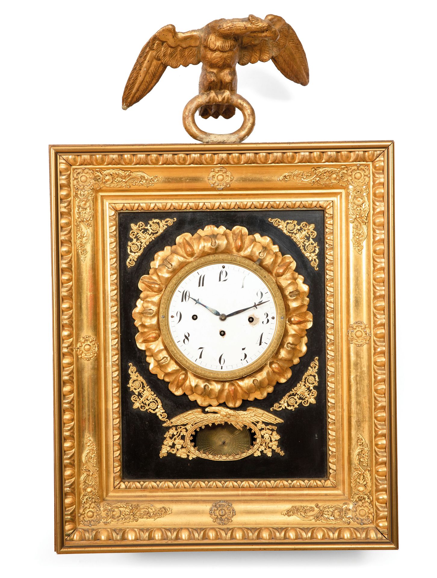 OROLOGIO A PENDOLO DA MURO A QUADRO IN LEGNO DORATO, VIENNA, META' XIX SECOLO SECOLO