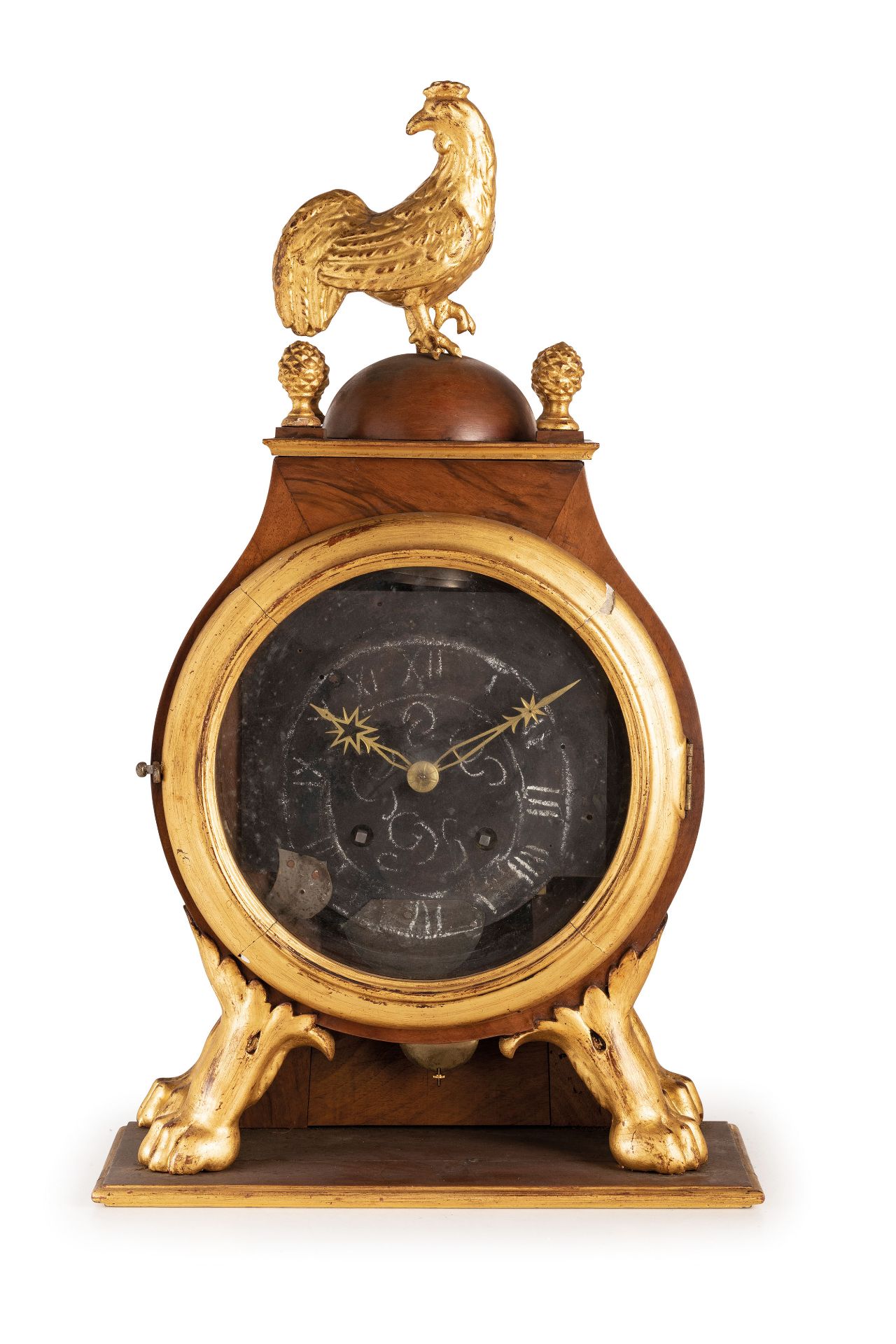 CURIOSO OROLOGIO D'APPOGGIO IN NOCE E LEGNO DORATO, FRANCIA, COMPTE' 1770/1790