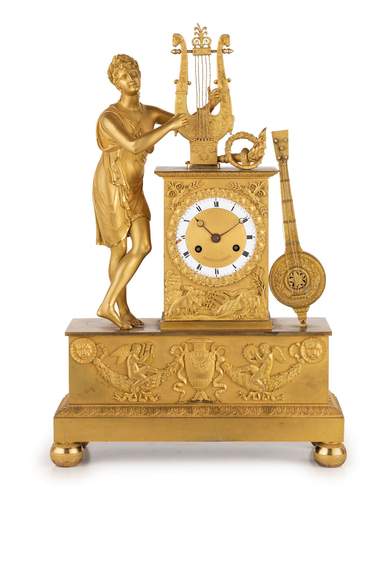 OROLOGIO D'APPOGGIO IN BRONZO DORATO CON ALLEGORIA DELLA MUSICA, FRANCIA, 1840 CIRCA