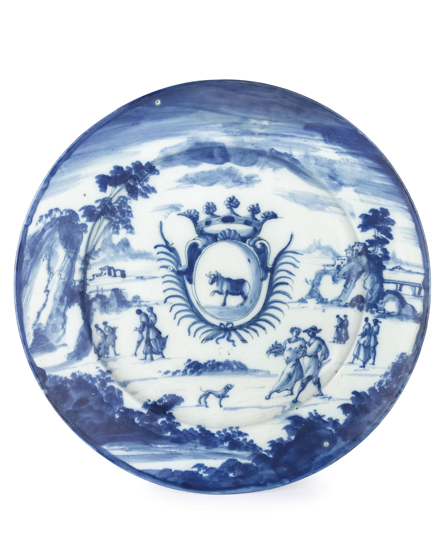 PIATTO DA PARATA IN MAIOLICA BIANCA E BLU, MANIFATTURA CHIODO, SAVONA, XVIII SECOLO