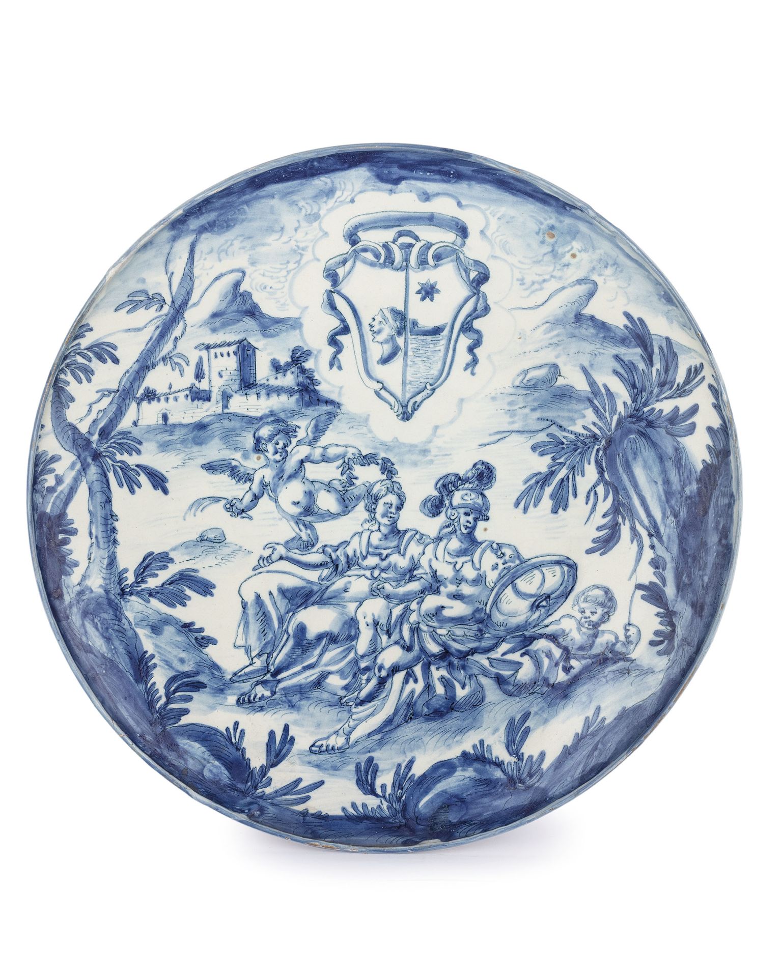 ALZATA IN MAIOLICA BIANCA E BLU, FORNACE DI SAVONA, CIRCA 1686