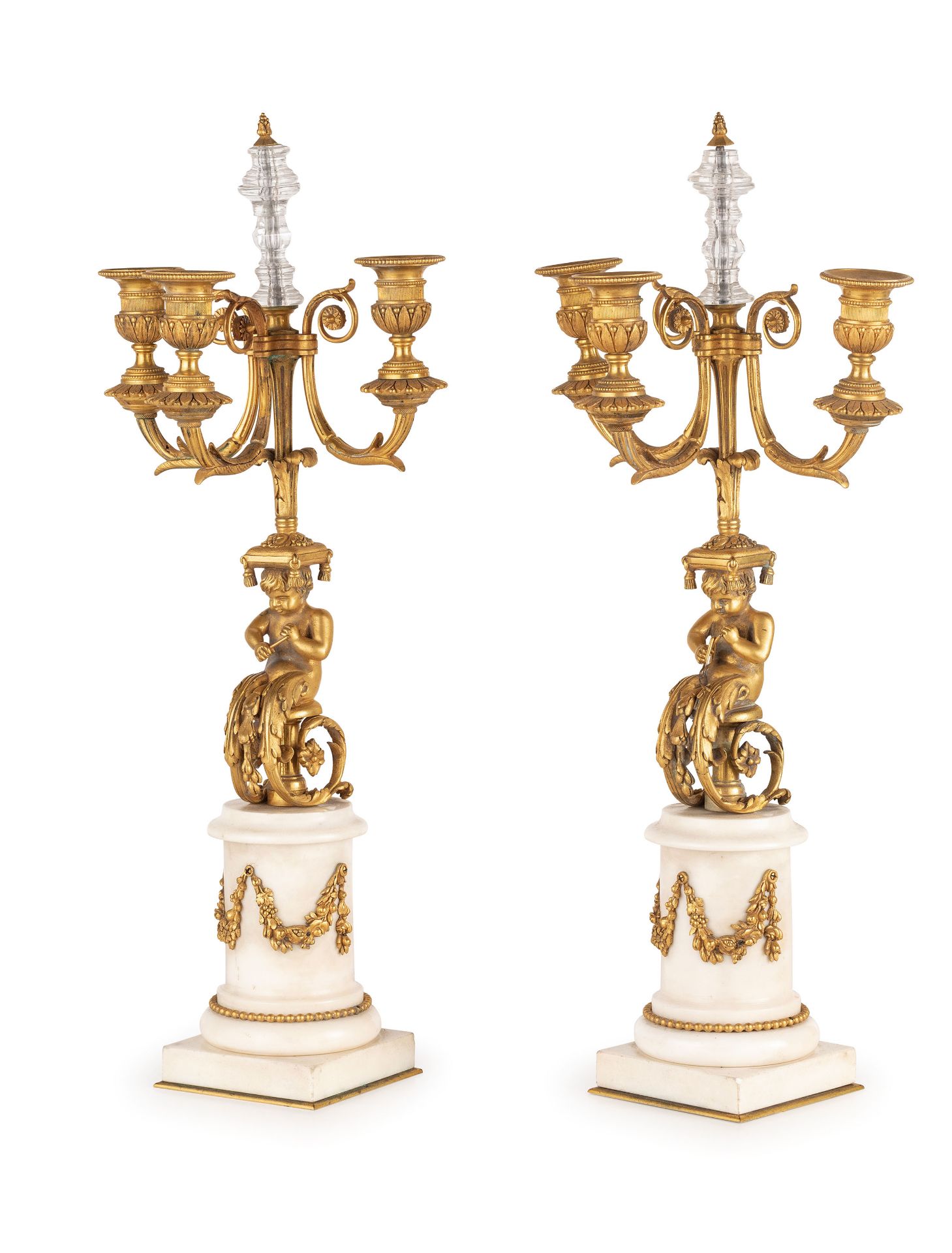 COPPIA DI CANDELABRI IN BRONZO DORATO E MARMO, XIX SECOLO