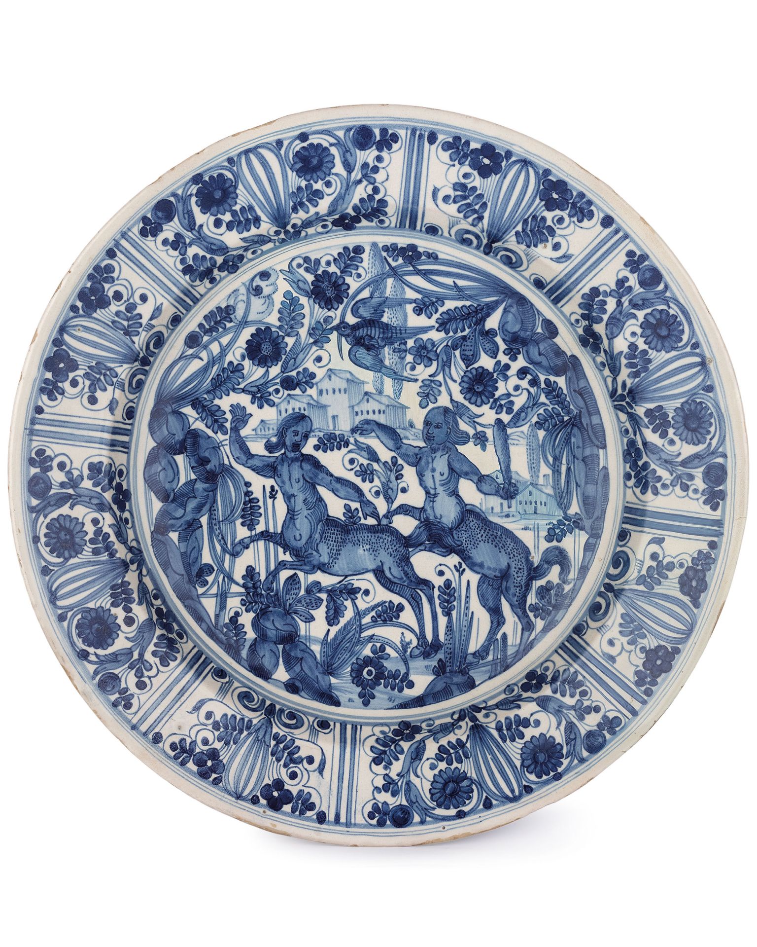 PIATTO DA PARATA IN MAIOLICA BIANCA E BLU, MANIFATTURA GROSSO, ALBISOLA, XVII SECOLO