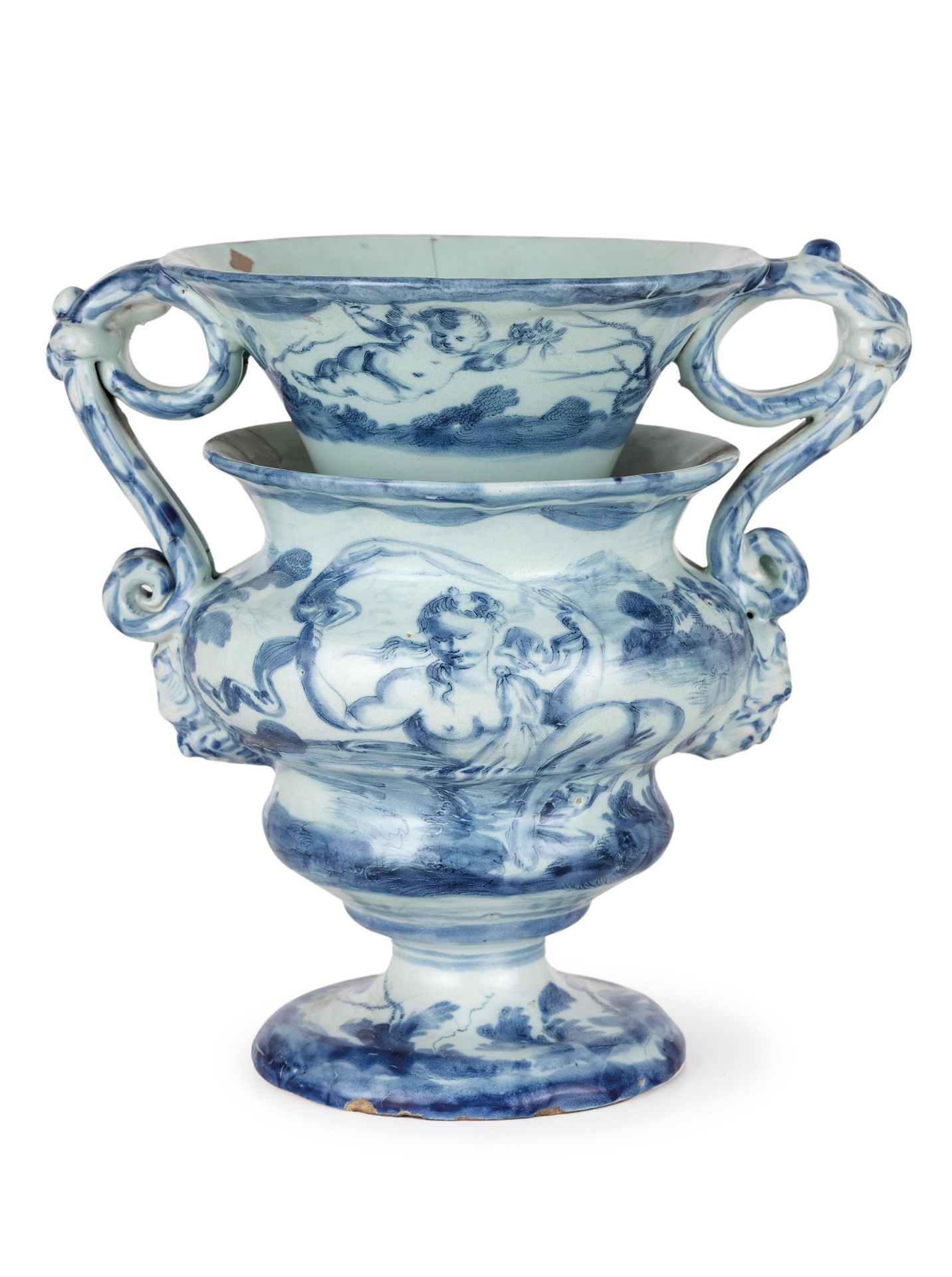 VASO IN MAIOLICA BIANCA E BLU, FORNACE LIGURE, XVII SECOLO