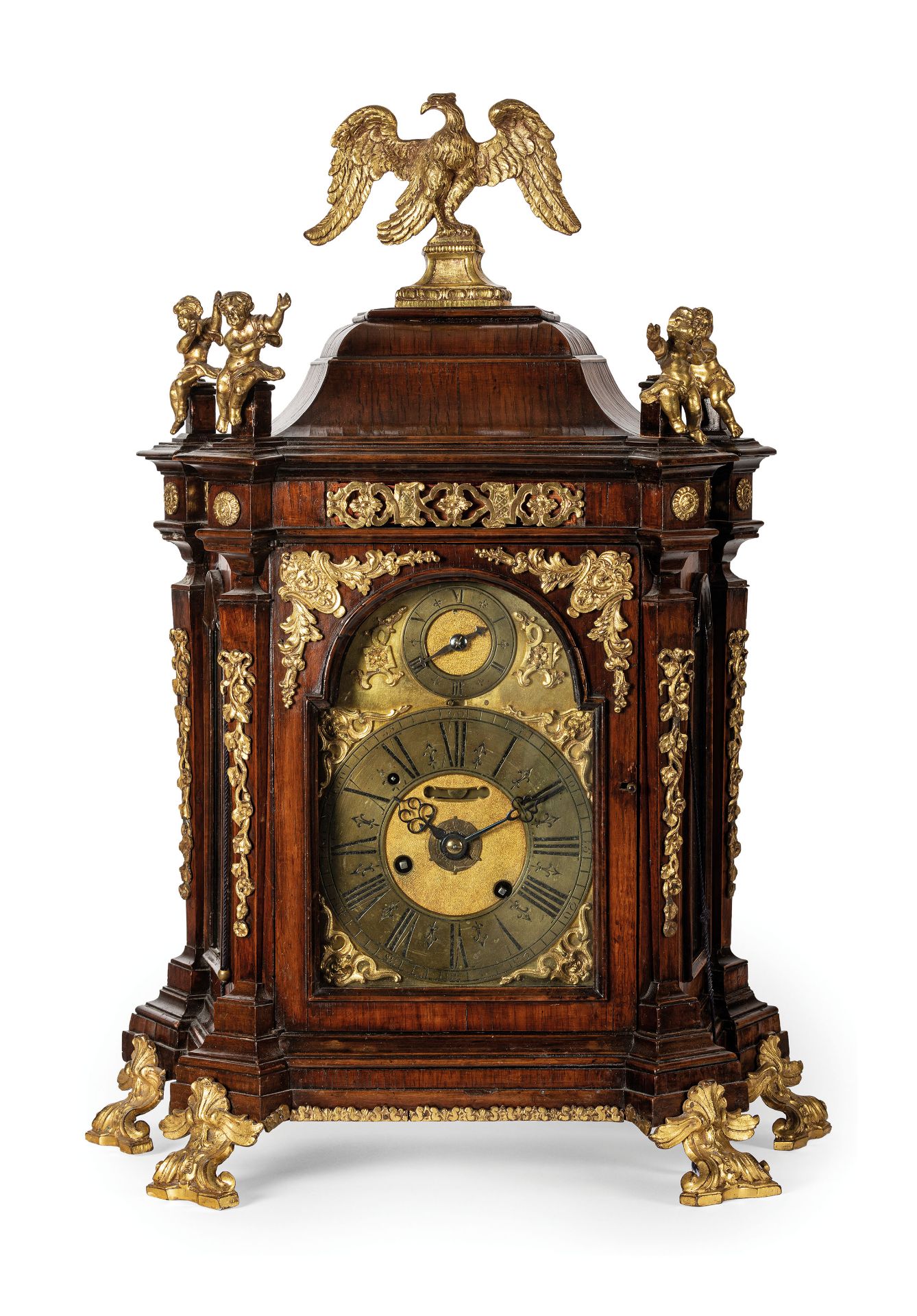 GRANDE OROLOGIO D'APPOGGIO IMPIALLACCIATO IN LEGNO DI NOCE, ROMA, META' DEL XVIII SECOLO