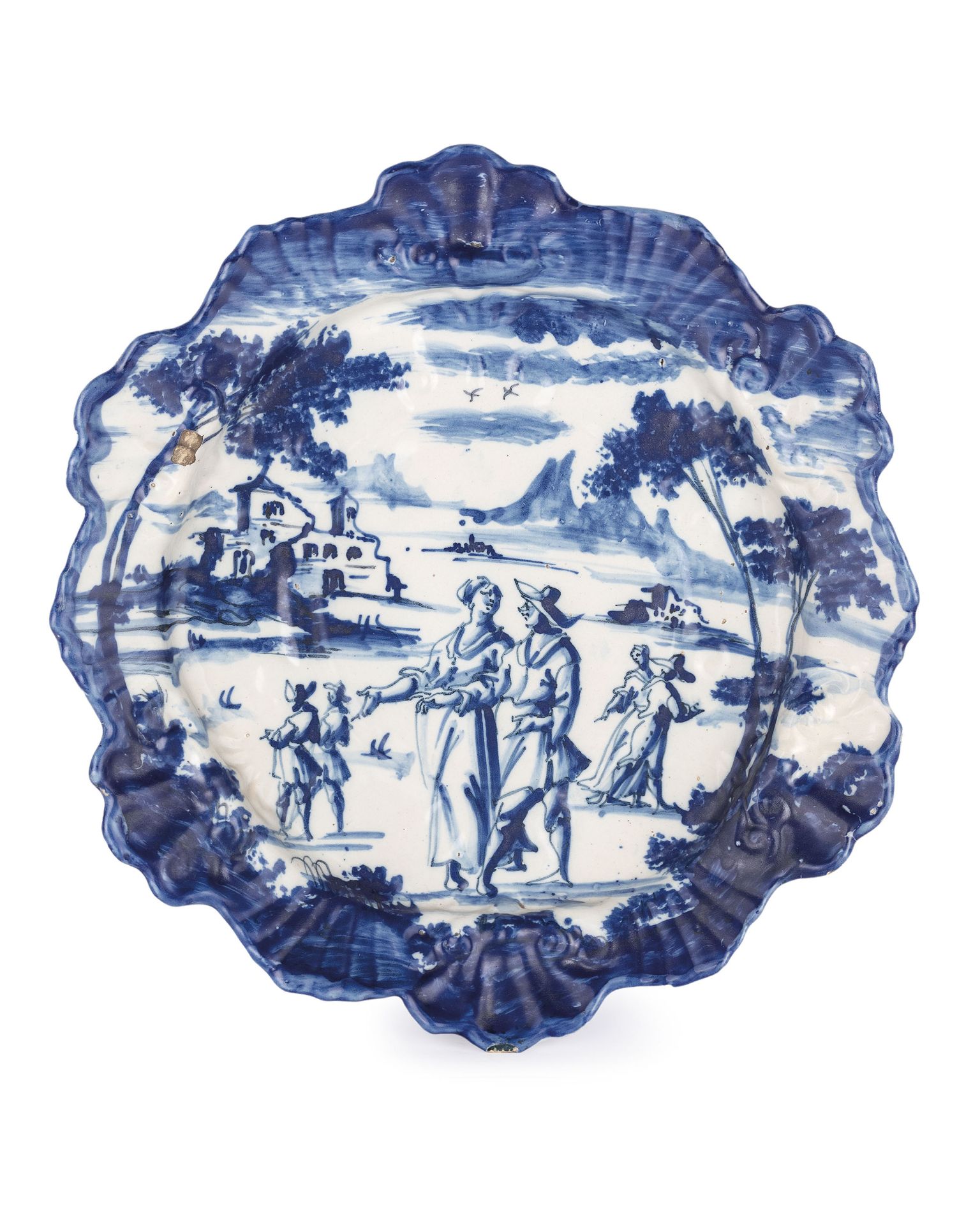 PIATTO DA PARATA IN MAIOLICA BIANCA E BLU, MANIFATTURA CHIODO, SAVONA, XVIII SECOLO