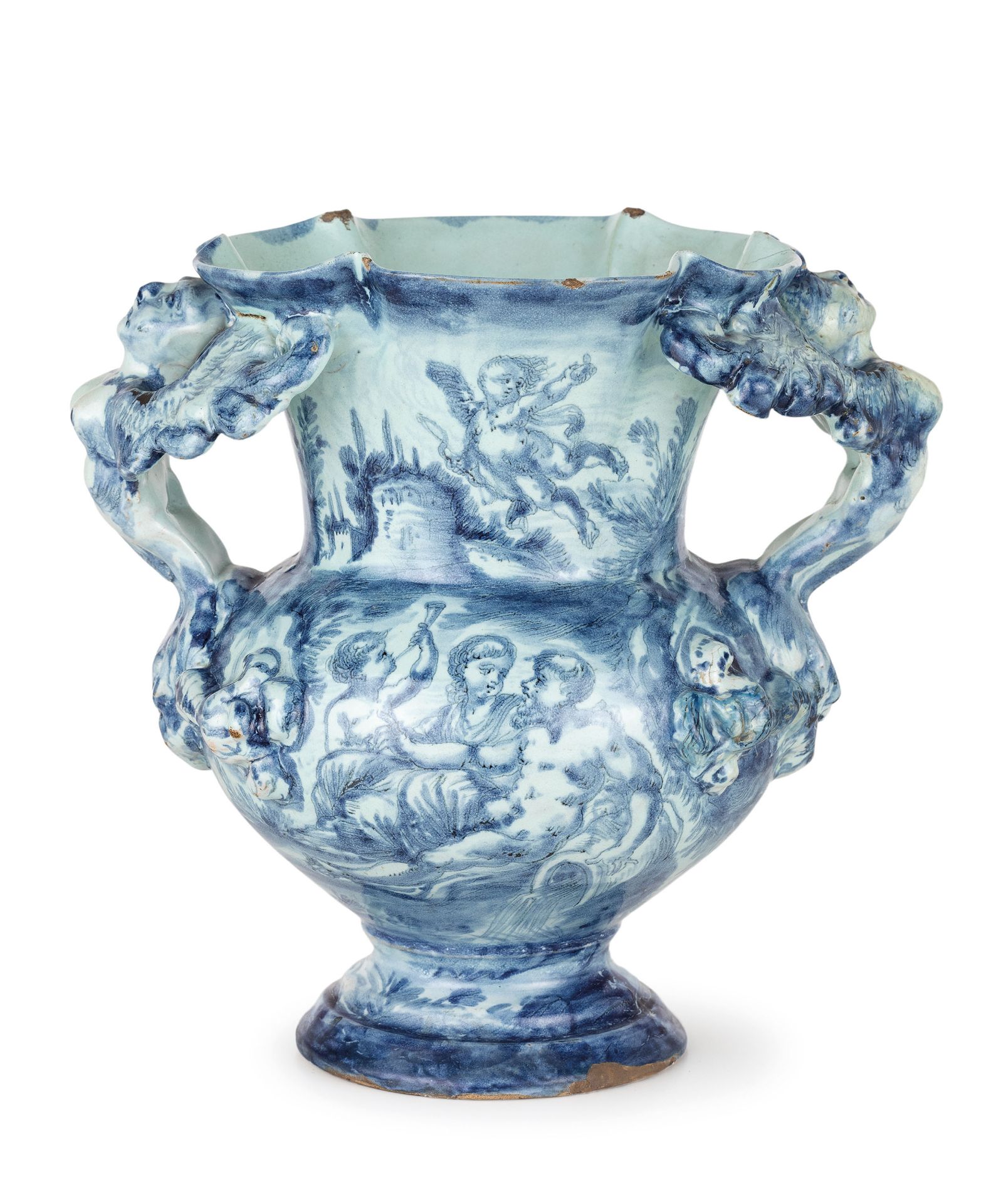 VASO IN MAIOLICA BIANCA E BLU, FORNACE LIGURE, XVII SECOLO