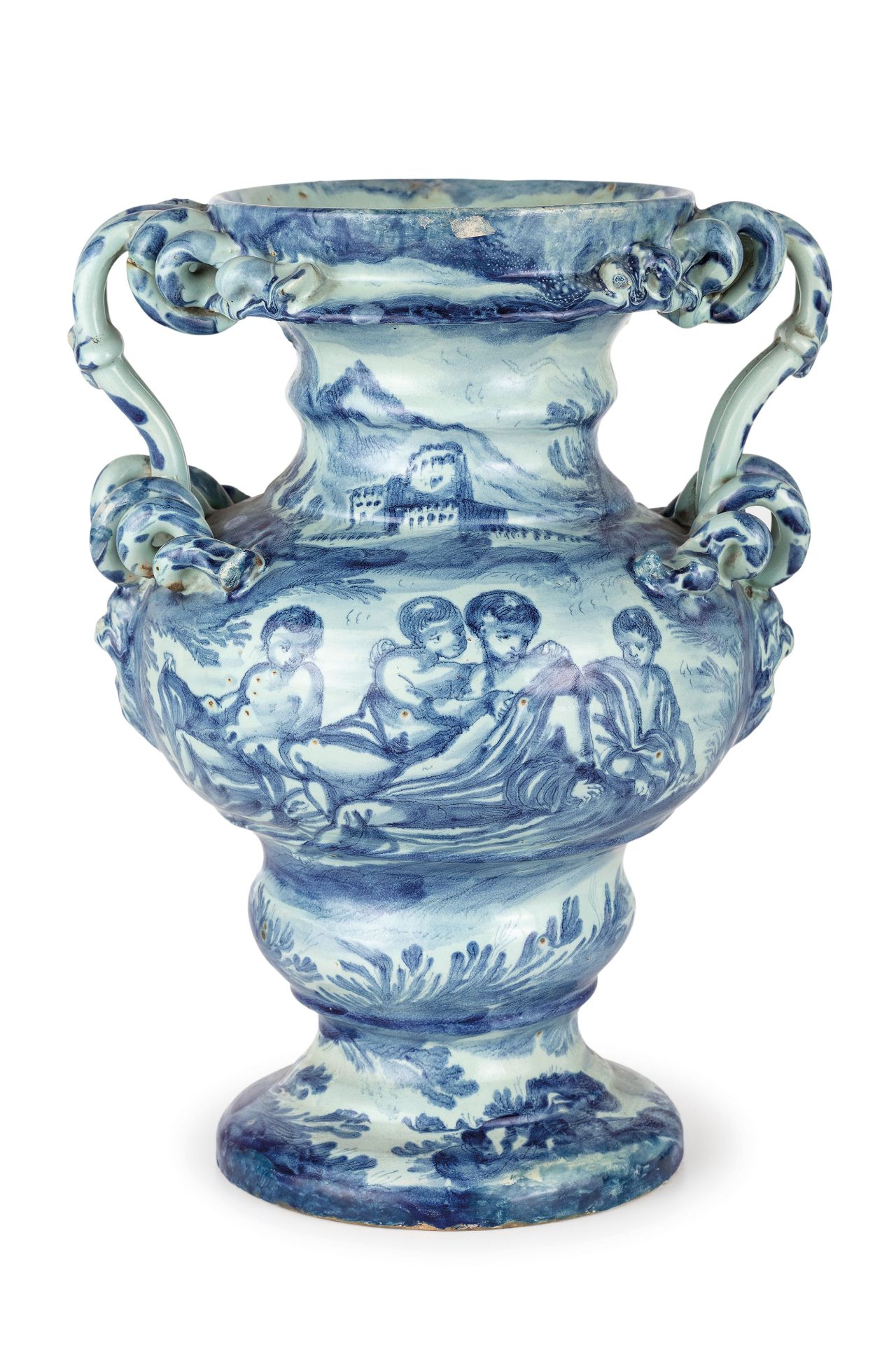 COPPIA DI VASI IN MAIOLICA BIANCA E BLU, FORNACE DI SAVONA, FINE DEL XVII SECOLO-INIZIO DEL XVIII