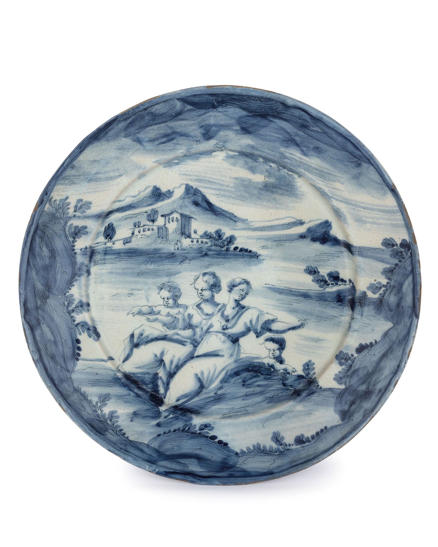 PIATTO DA PARATA IN MAIOLICA BIANCA E BLU, MANIFATTURA CHIODO, SAVONA, XVIII SECOLO