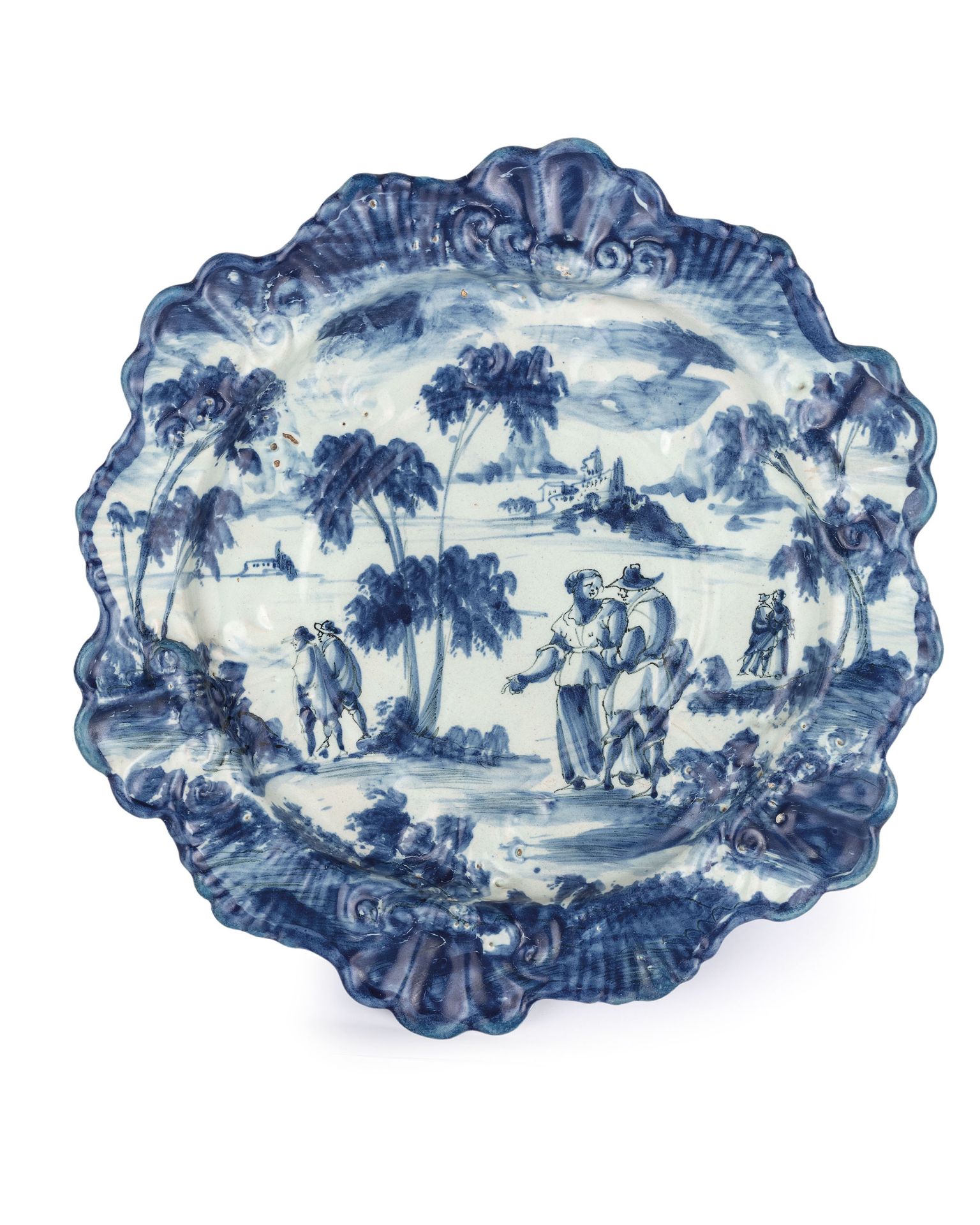 PIATTO DA PARATA IN MAIOLICA BIANCA E BLU, MANIFATTURA CHIODO, SAVONA, XVIII SECOLO