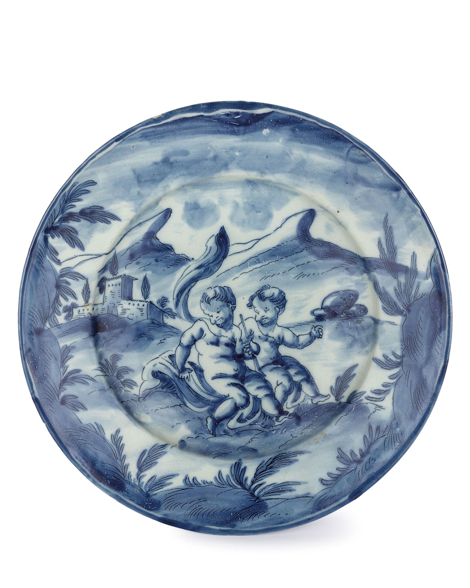 PIATTO IN MAIOLICA BIANCA E BLU, FORNACE LIGURE, XVIII SECOLO