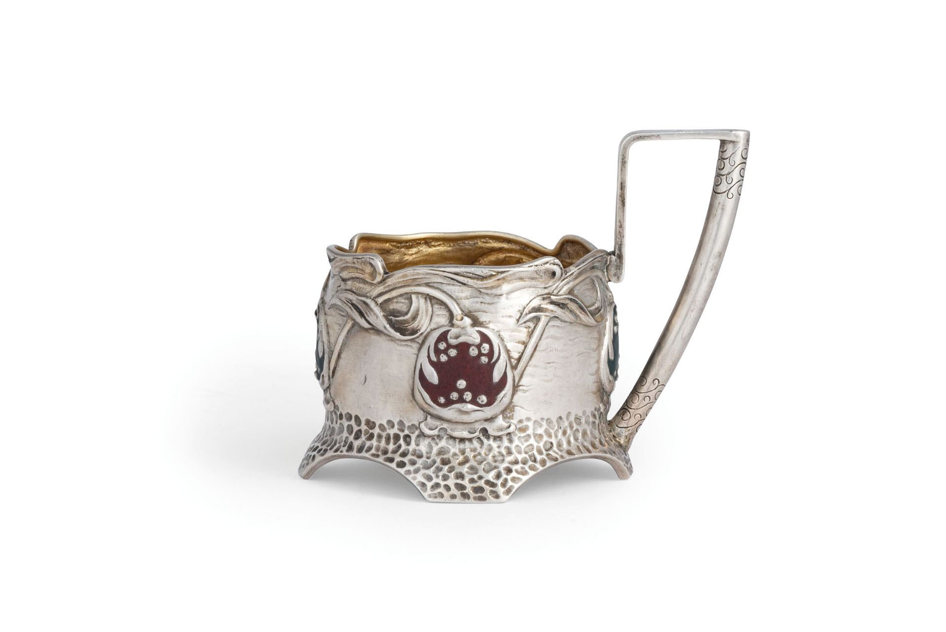 TEA CUP HOLDER IN ARGENTO E SMALTI, MOSCA, 1908-1917, ORAFO K. FABERGE, BOLLO CON INSEGNE