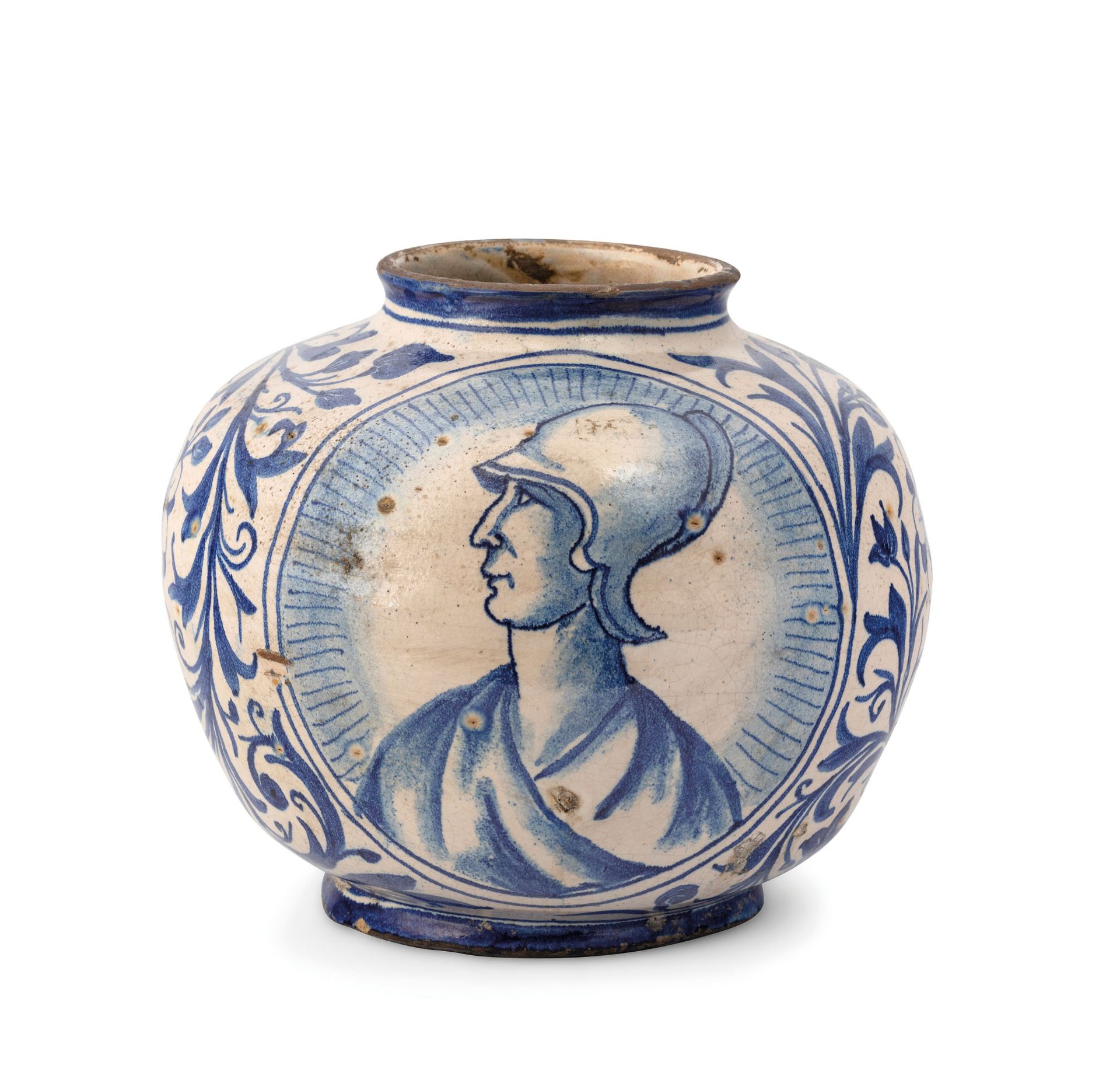 BOCCIA IN MAIOLICA BIANCA E BLU, FORNACE DI CALTAGIRONE, XIX SECOLO