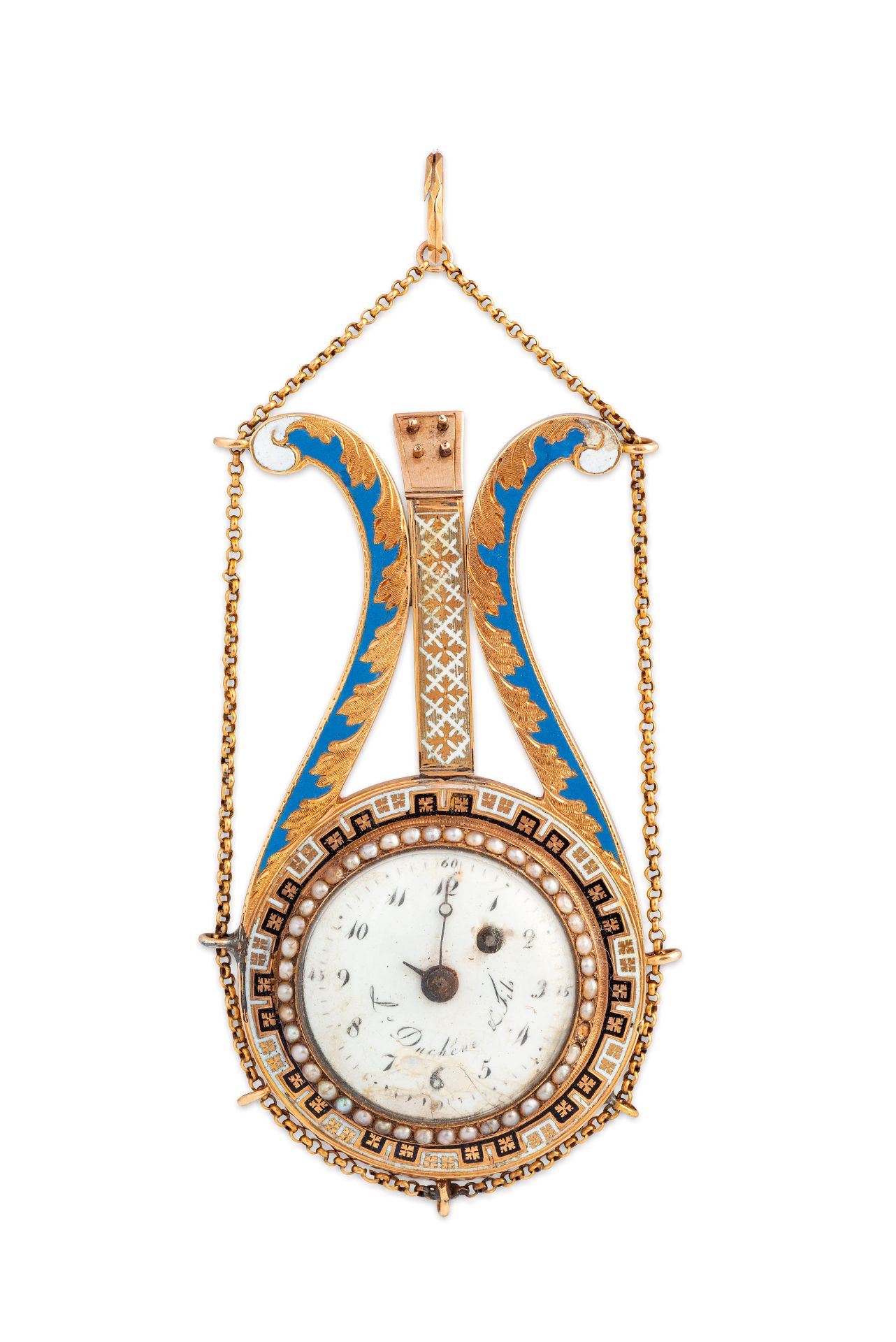 DUCHENE & FILS, OROLOGIO PENDENTE IN ORO E SMALTI POLICROMI, SVIZZERA, 1800 CIRCA