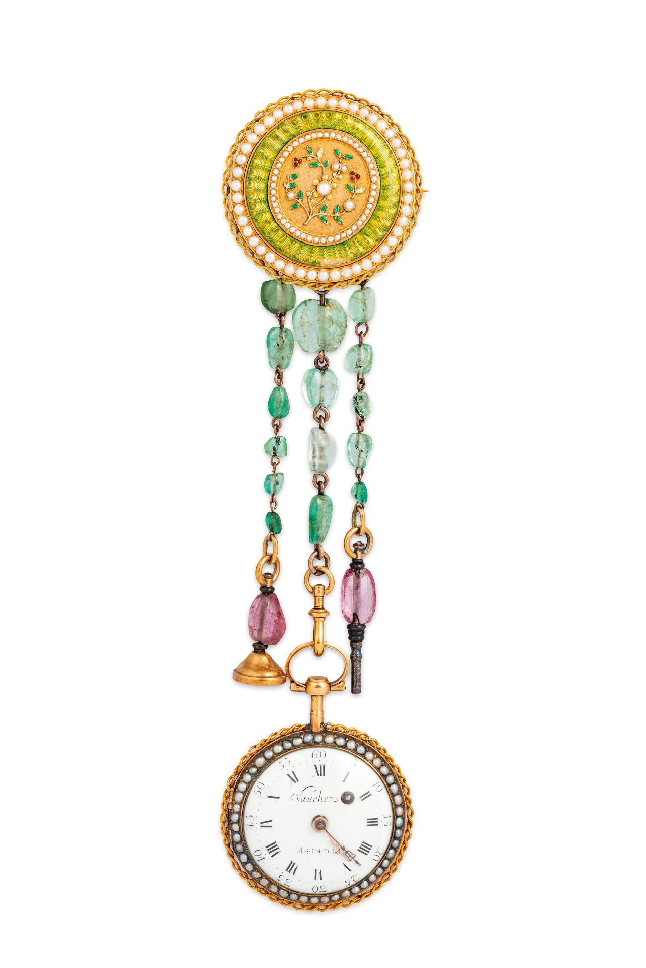 OROLOGIO DA TASCA IN ORO CON SMALTI CON IMPORTANTE CHATELAINE, VAUCHER PARIS, CIRCA 1790