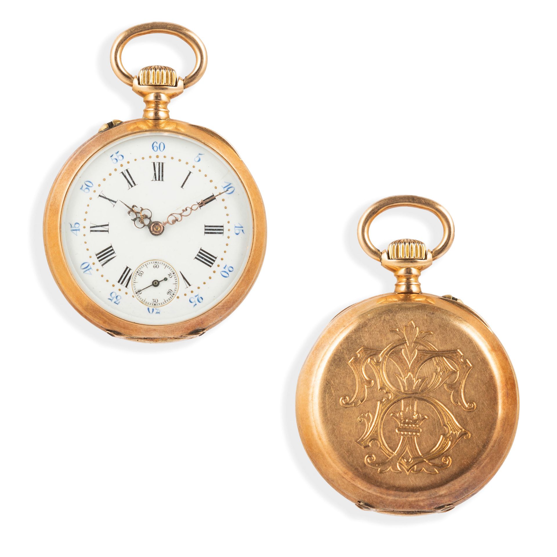 PICCOLO OROLOGIO DA TASCA IN ORO CON MONOGRAMMA TB, FRANCIA 1890 CIRCA