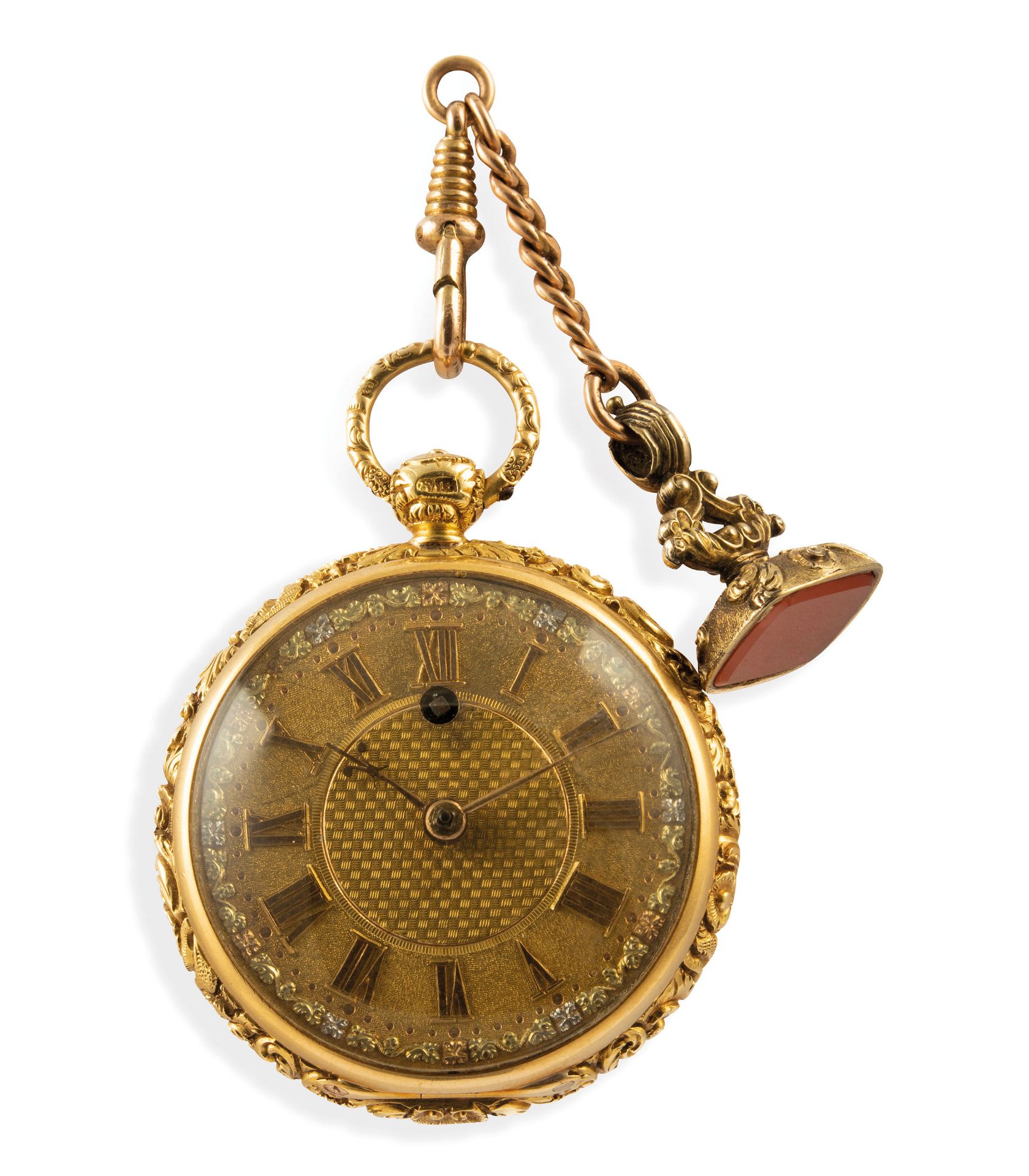 RARO OROLOGIO DA TASCA CON CASSA IN ORO A FUSIONE A CERA PERSA, CON CATENA E SIGILLO, INGHILTERRA, - Bild 4 aus 6