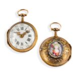 RARO OROLOGIO A COQ, IN ORO, CON MINIATURA IN SMALTO, FRANCIA, 1750 CIRCA