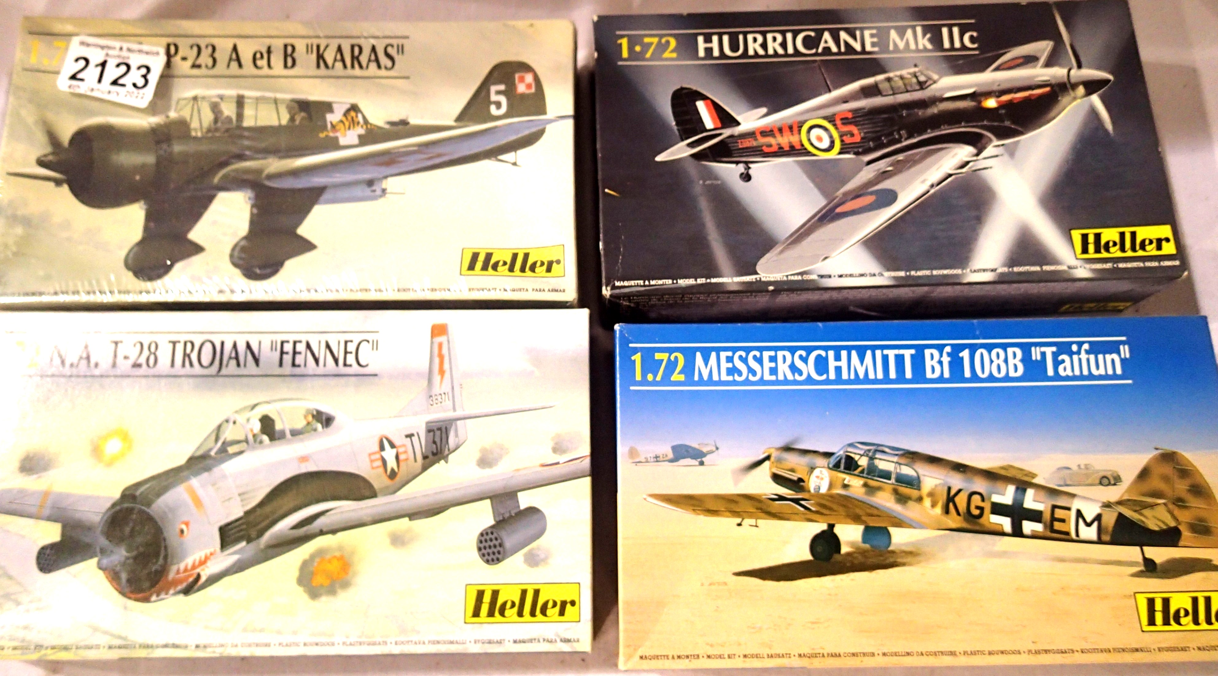 Four Heller 1/72 scale aircraft kits, sealed as new; Hurricane MK11c, Trojan Fennec, ME-108B Taifun,