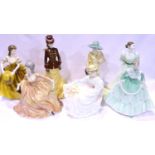 Seven Coalport lady figurines, H: 22 cm. No cracks, chips or visible restoration. Not available