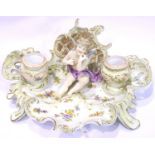 Continental porcelain cherub double inkwell, L: 23 cm, tips or rear portion missing. P&P Group 2 (£