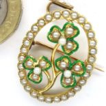 Victorian 15ct gold pearl set and enamelled clover design pendant/brooch, L: 36 mm, 5.4g. P&P