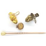 Presumed 9ct gold (unmarked) pearl set stick pin, pair of presumed gold earrings and a 9ct gold clam