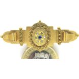 Victorian 9ct gold mourning bar brooch, set with six diamonds and central sapphire, with locket