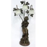 Large bronzed female nude figural three branch table lamp, H: 90 cm. Not available for in-house P&P,